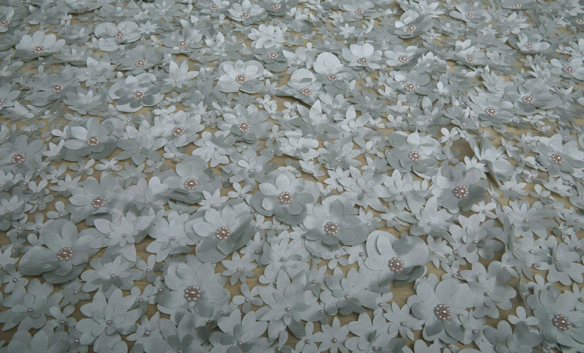 3D Cut Out Flowers with Pearls on Tulle - Duck Egg Blue fabric, image 2 of 4
