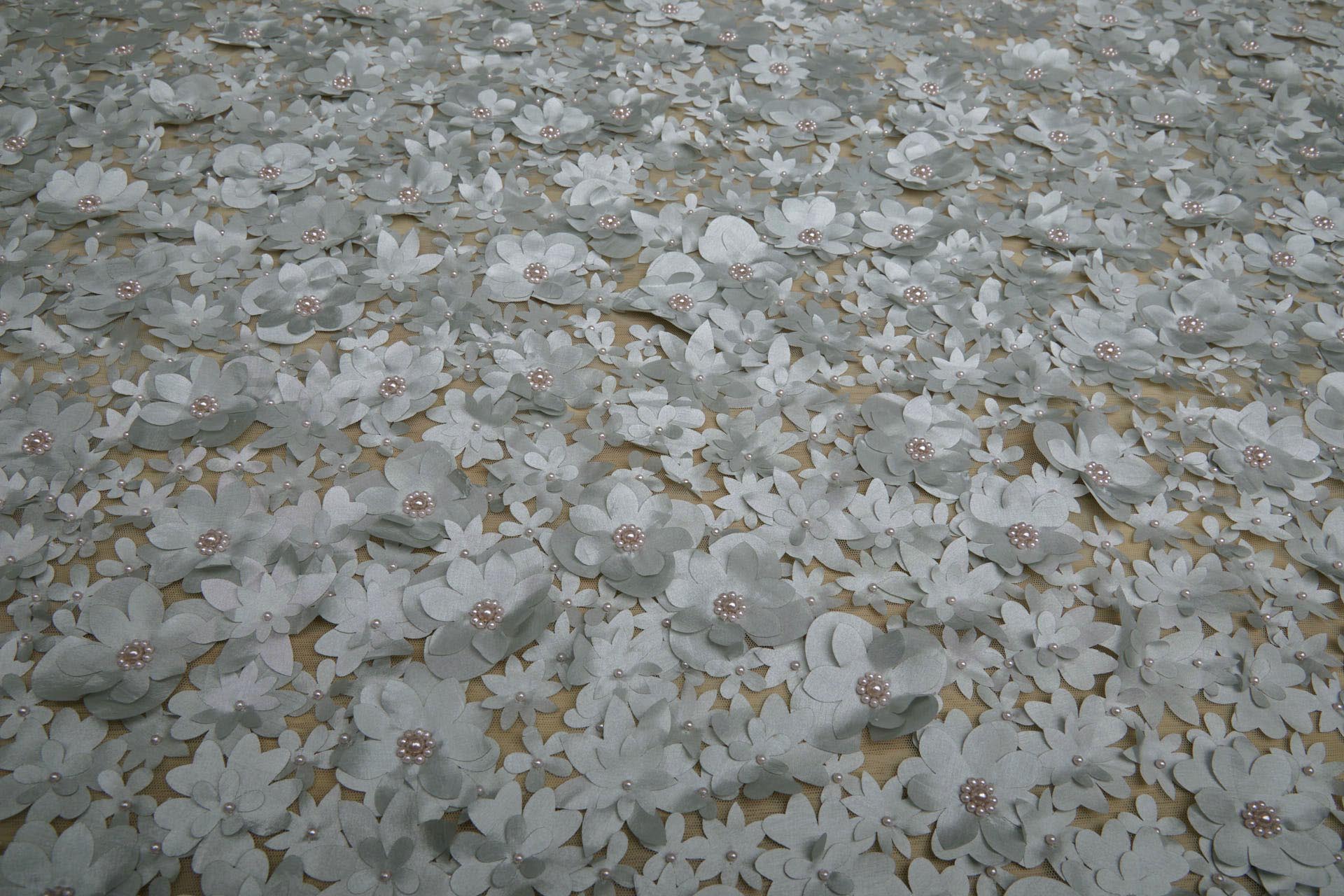 3D Cut Out Flowers with Pearls on Tulle - Duck Egg Blue fabric, image 3 of 4