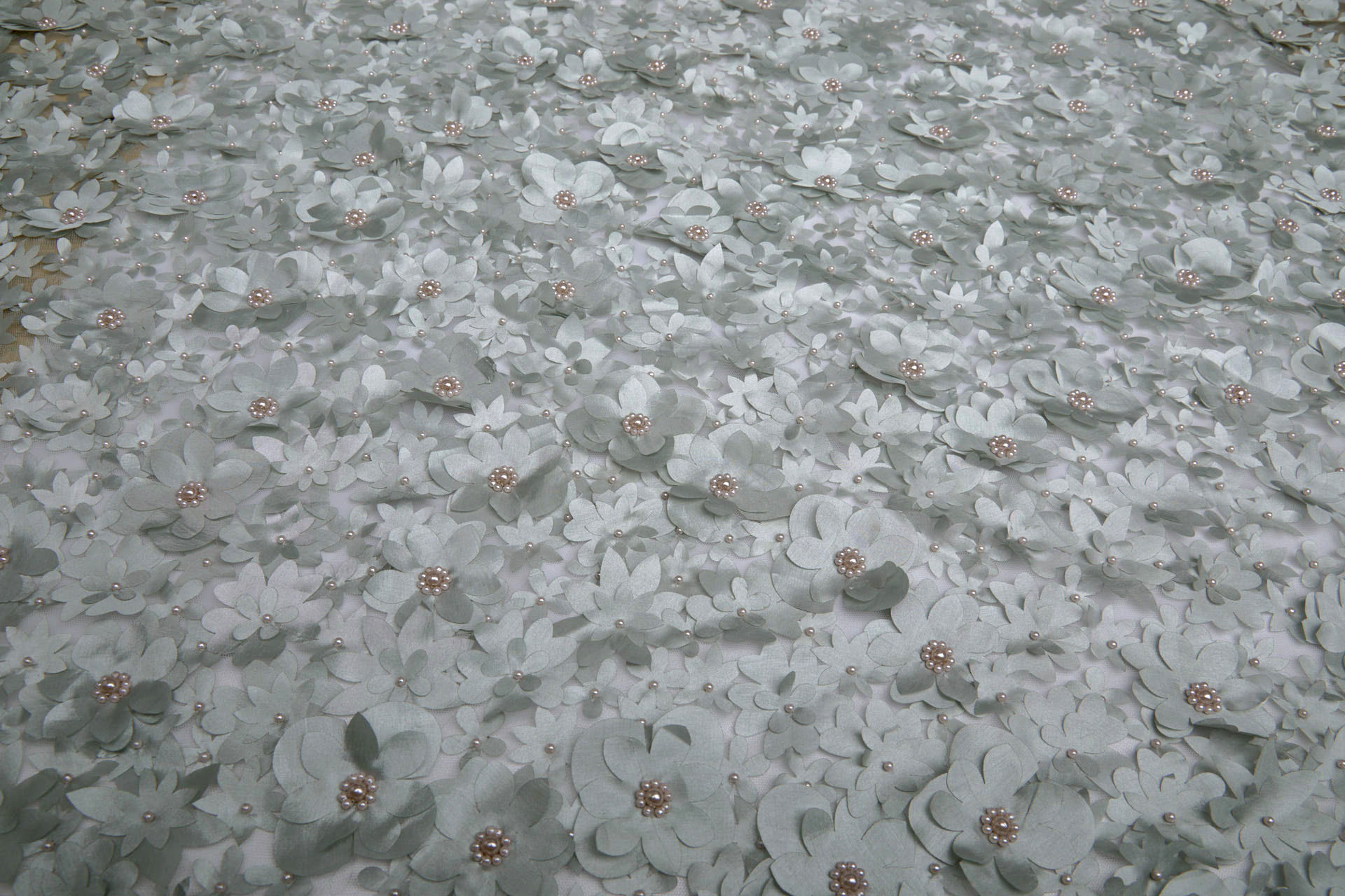 3D Cut Out Flowers with Pearls on Tulle - Duck Egg Blue fabric, image 4 of 4