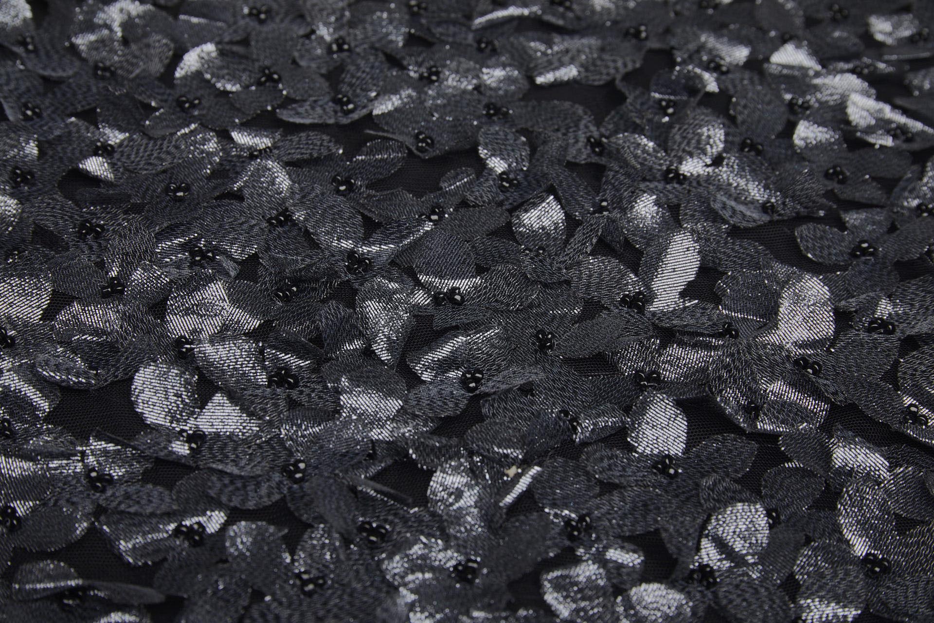 3D Cut Out Gunmetal Grey Lame Flowers with Glass Beads on Tulle fabric, image 2 of 9