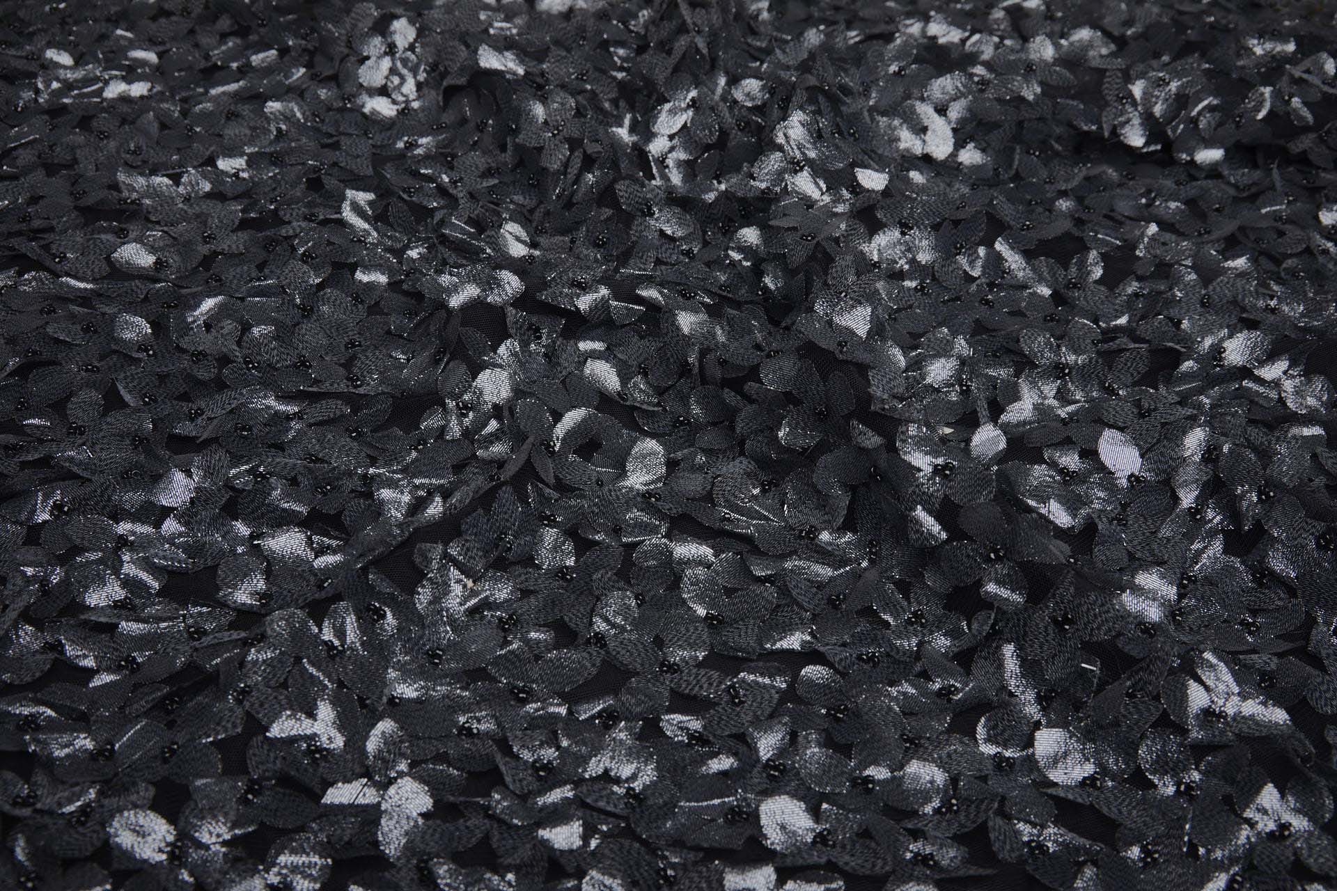 3D Cut Out Gunmetal Grey Lame Flowers with Glass Beads on Tulle fabric, image 4 of 9