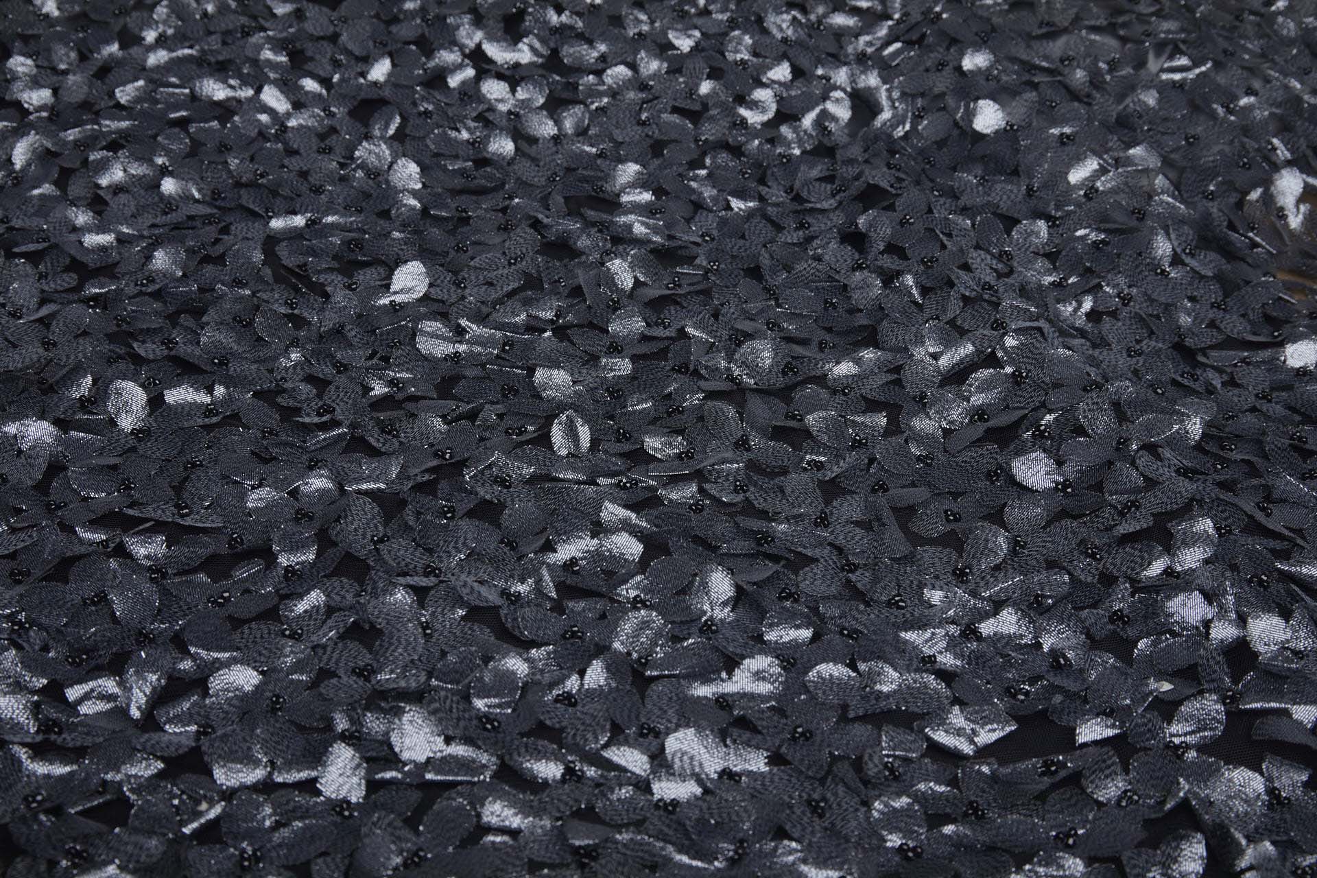 3D Cut Out Gunmetal Grey Lame Flowers with Glass Beads on Tulle fabric, image 5 of 9