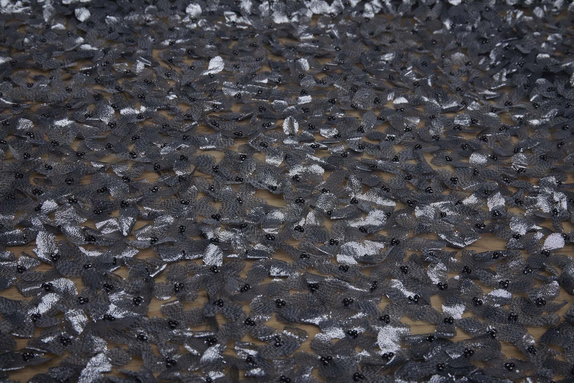 3D Cut Out Gunmetal Grey Lame Flowers with Glass Beads on Tulle fabric, image 6 of 9