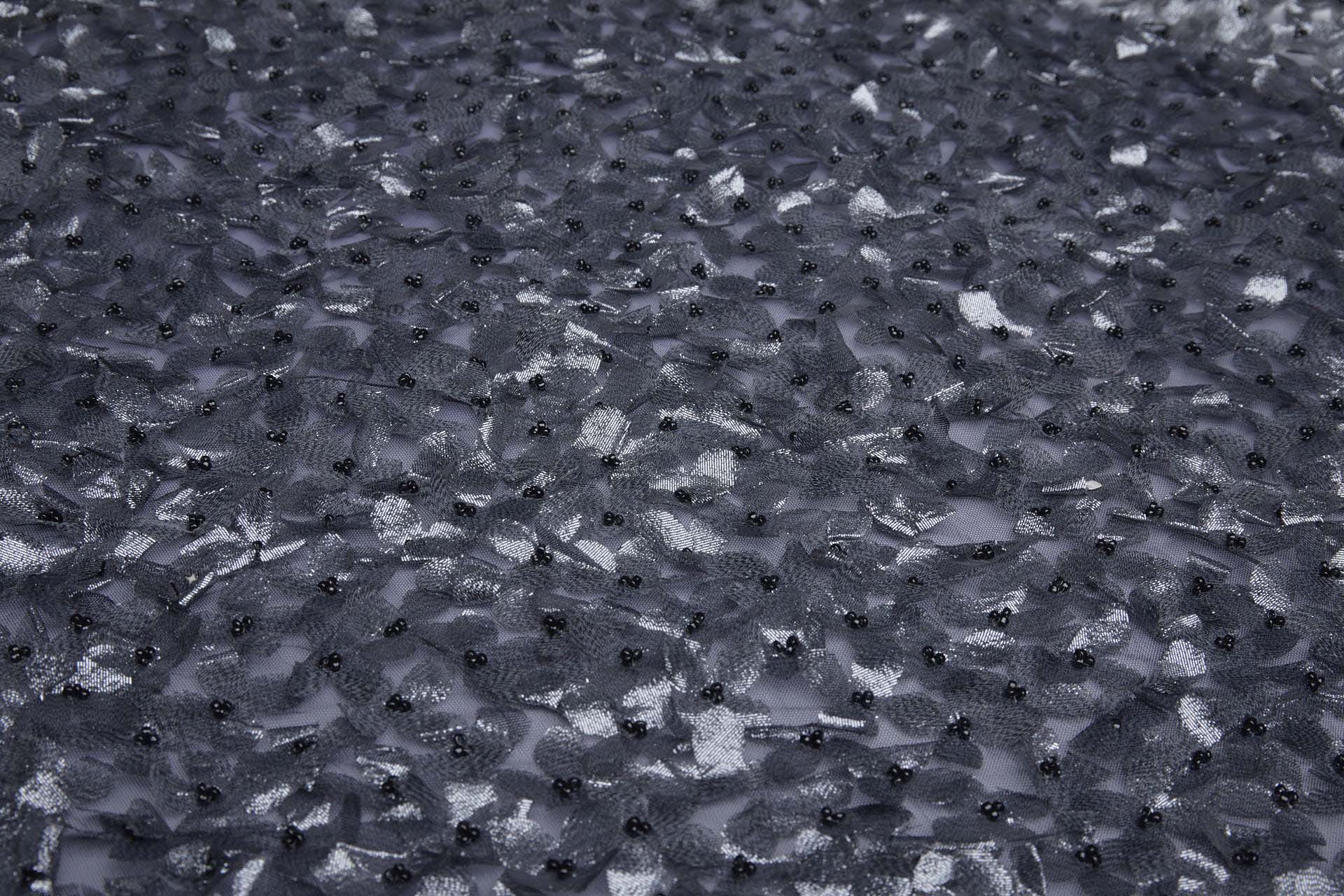 3D Cut Out Gunmetal Grey Lame Flowers with Glass Beads on Tulle fabric, image 7 of 9