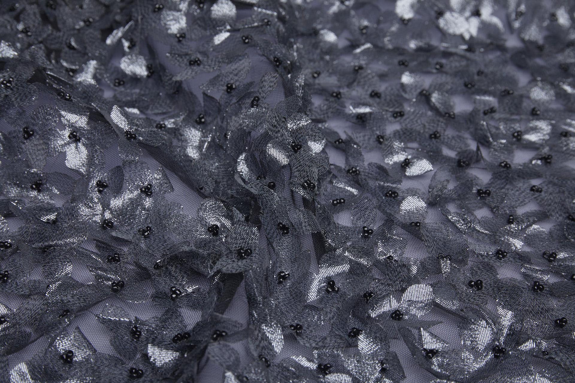 3D Cut Out Gunmetal Grey Lame Flowers with Glass Beads on Tulle fabric