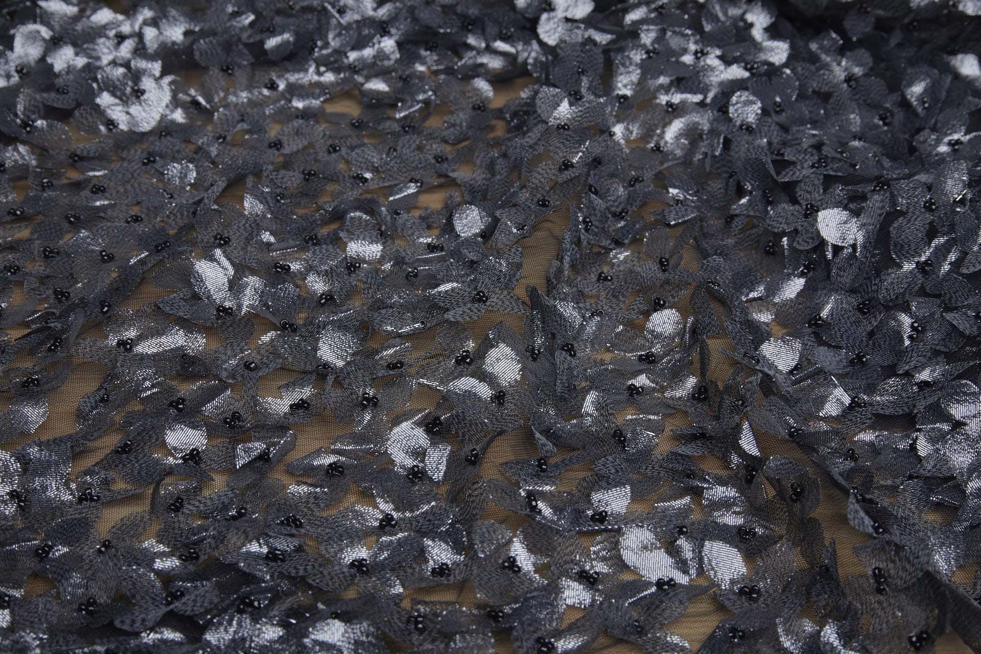 3D Cut Out Gunmetal Grey Lame Flowers with Glass Beads on Tulle fabric, image 8 of 9