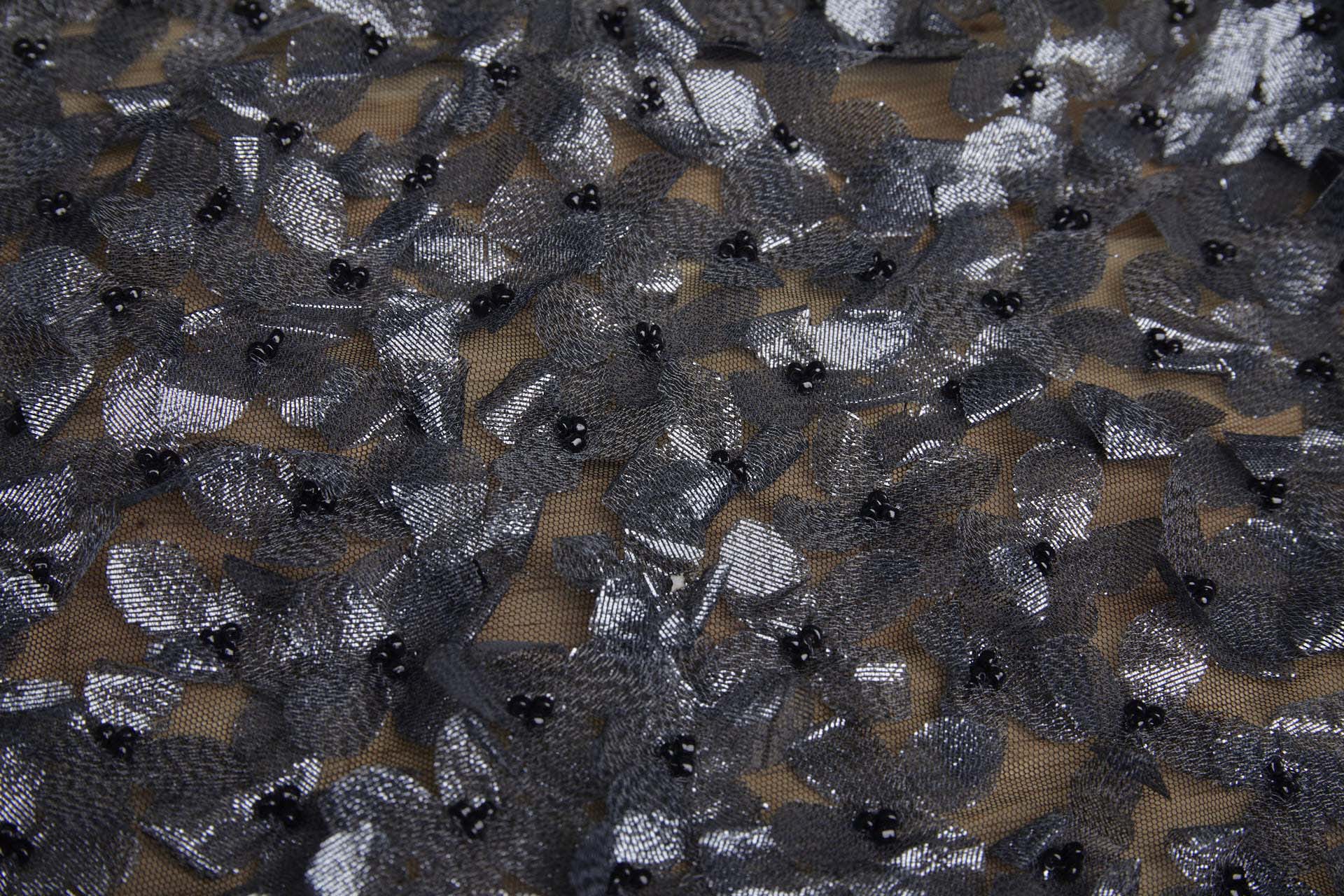 3D Cut Out Gunmetal Grey Lame Flowers with Glass Beads on Tulle fabric, image 9 of 9
