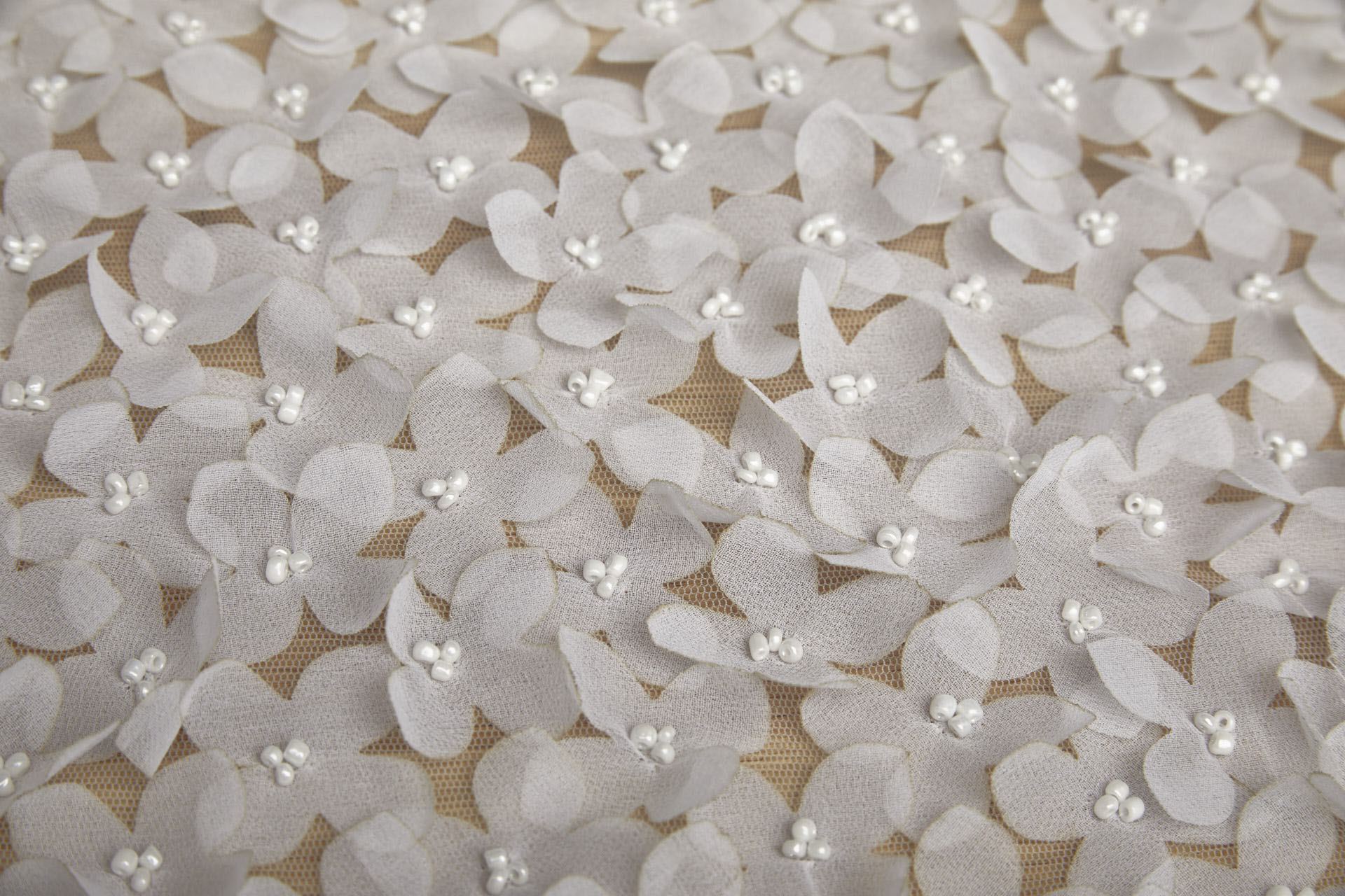3D Cut Out Off White Georgette Flowers with Glass Beads on Tulle fabric
