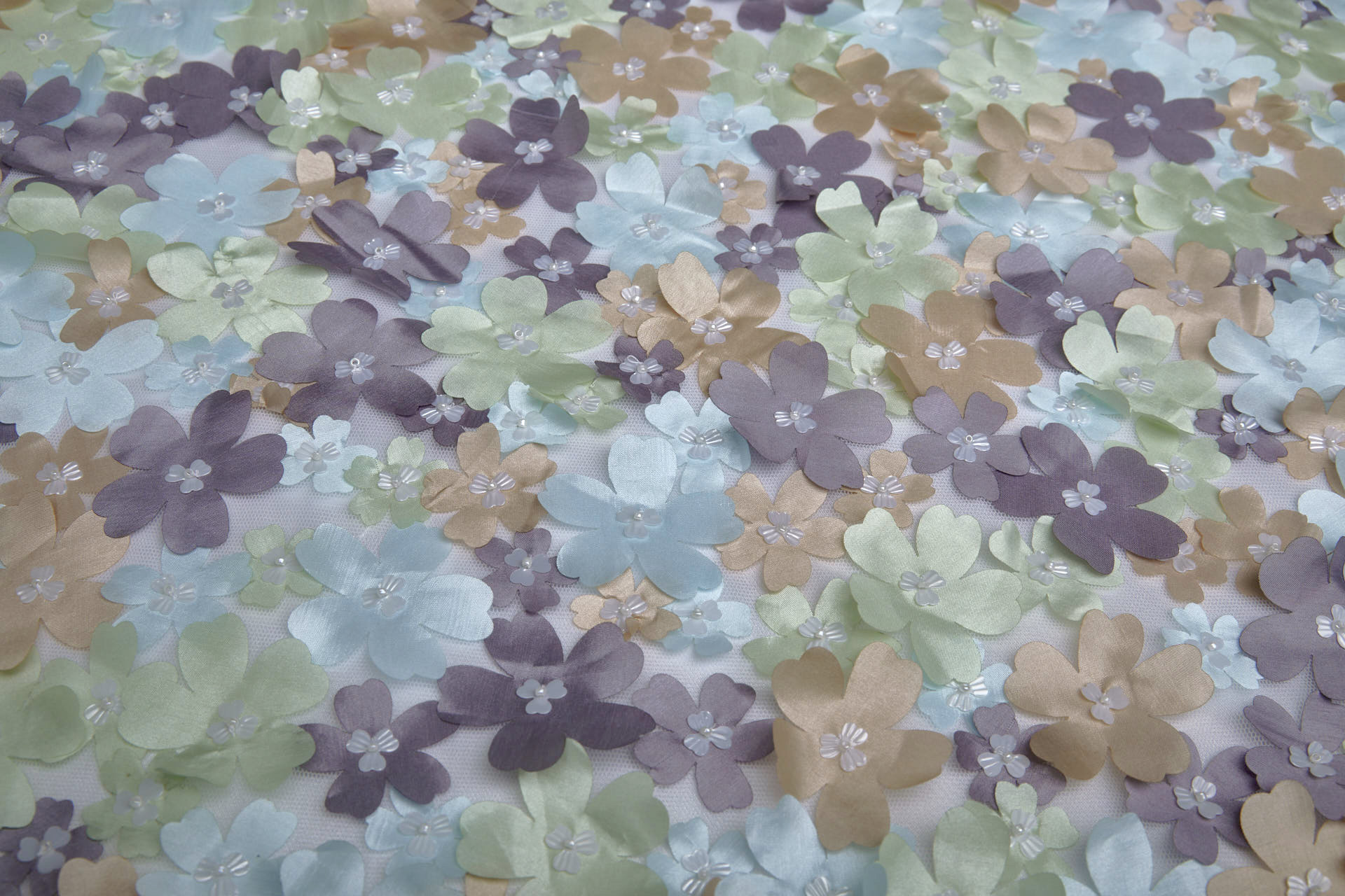 3D Cut Out Pastel Pink Green and Mauve Flowers on Tulle fabric, image 3 of 8