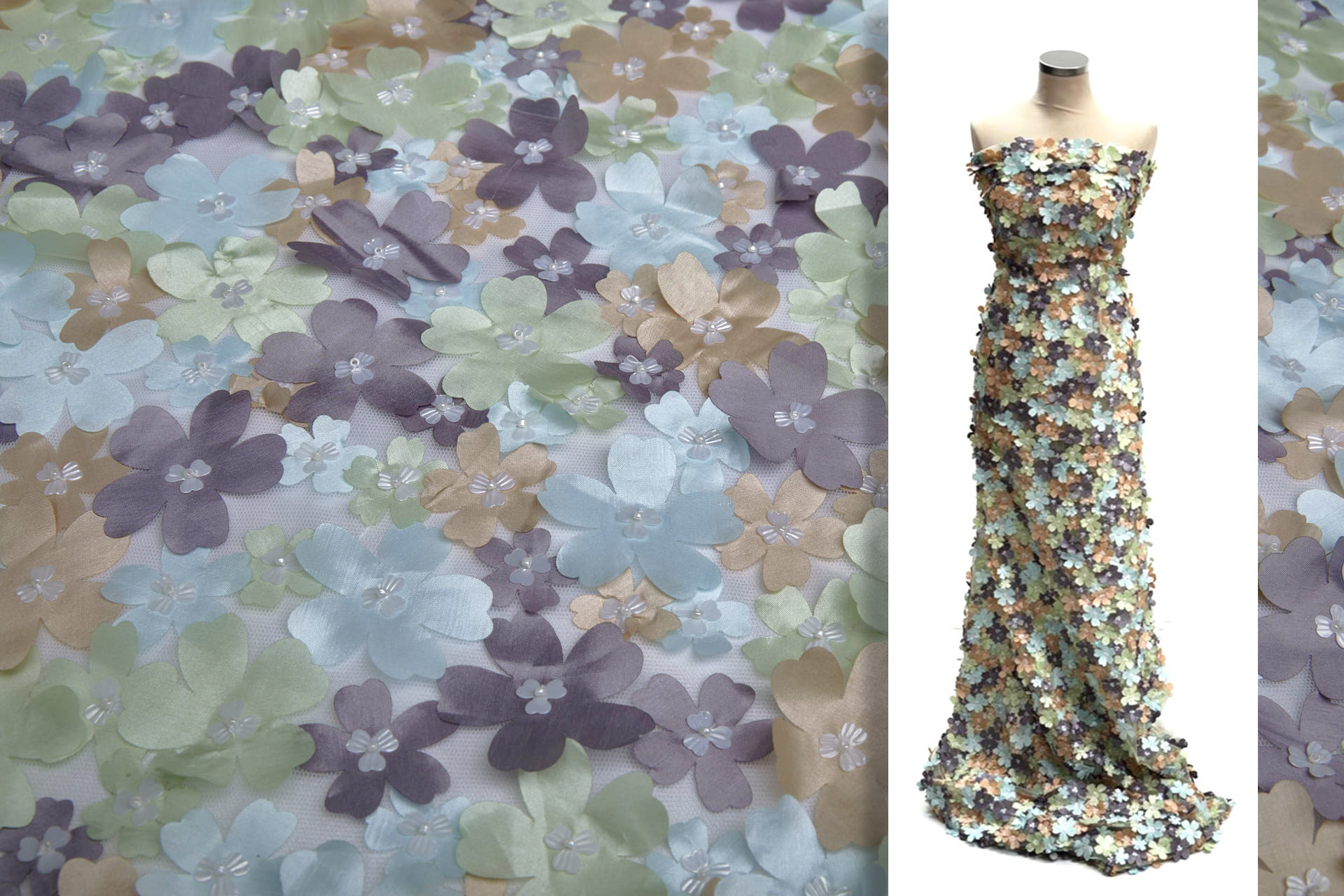 3D Cut Out Pastel Pink Green and Mauve Flowers on Tulle fabric, image 2 of 8