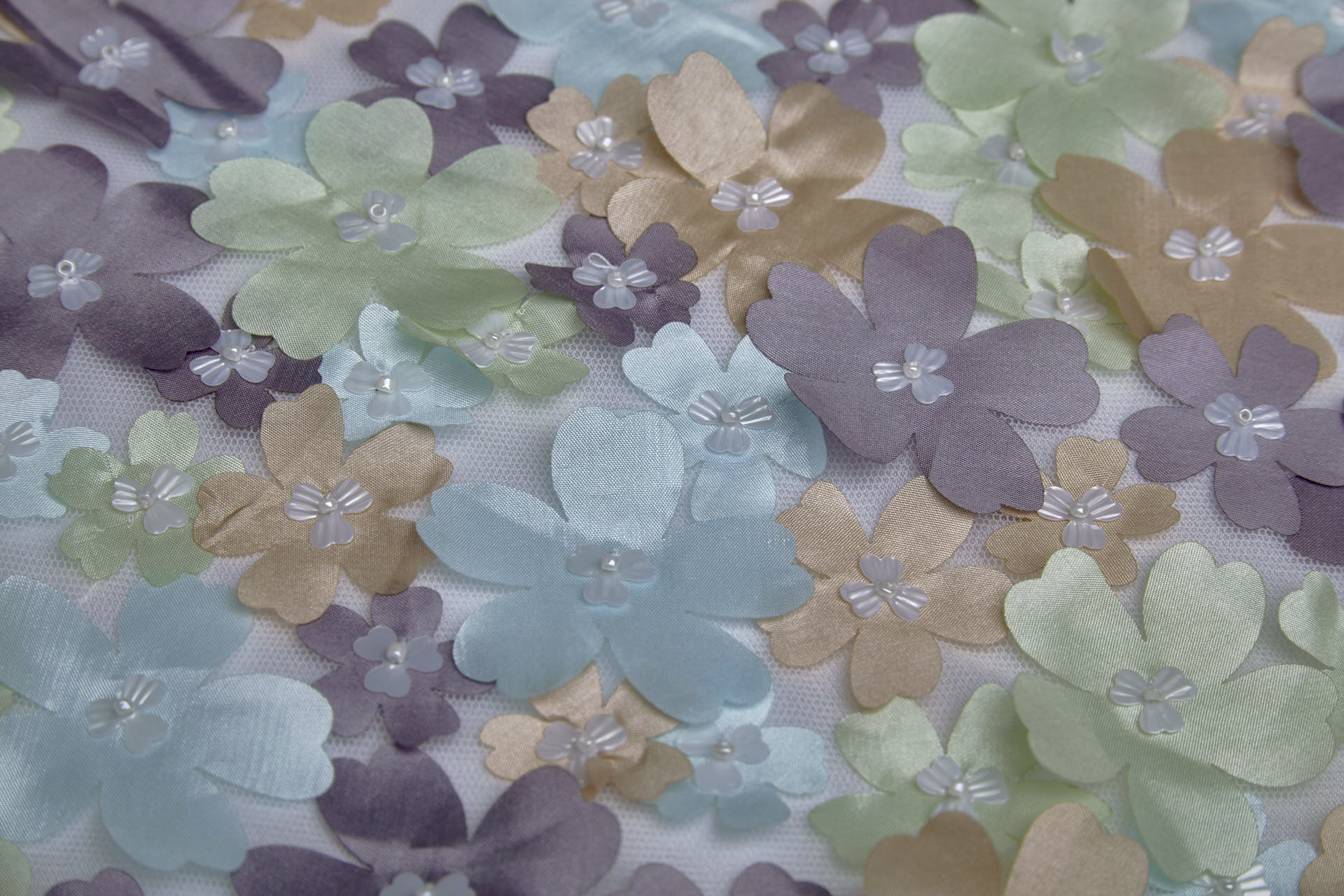 3D Cut Out Pastel Pink Green and Mauve Flowers on Tulle fabric, image 4 of 8