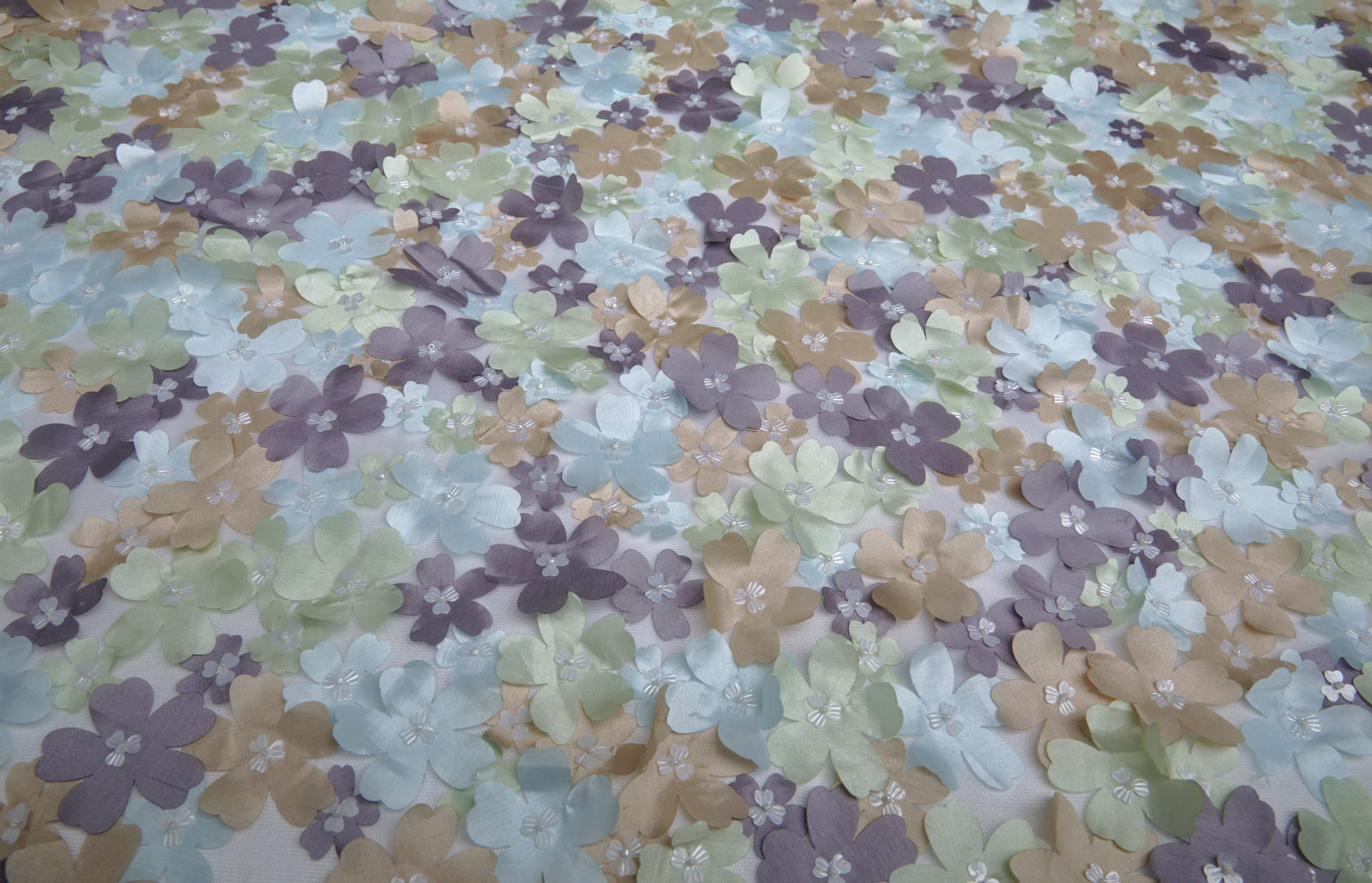 3D Cut Out Pastel Pink Green and Mauve Flowers on Tulle fabric, image 5 of 8