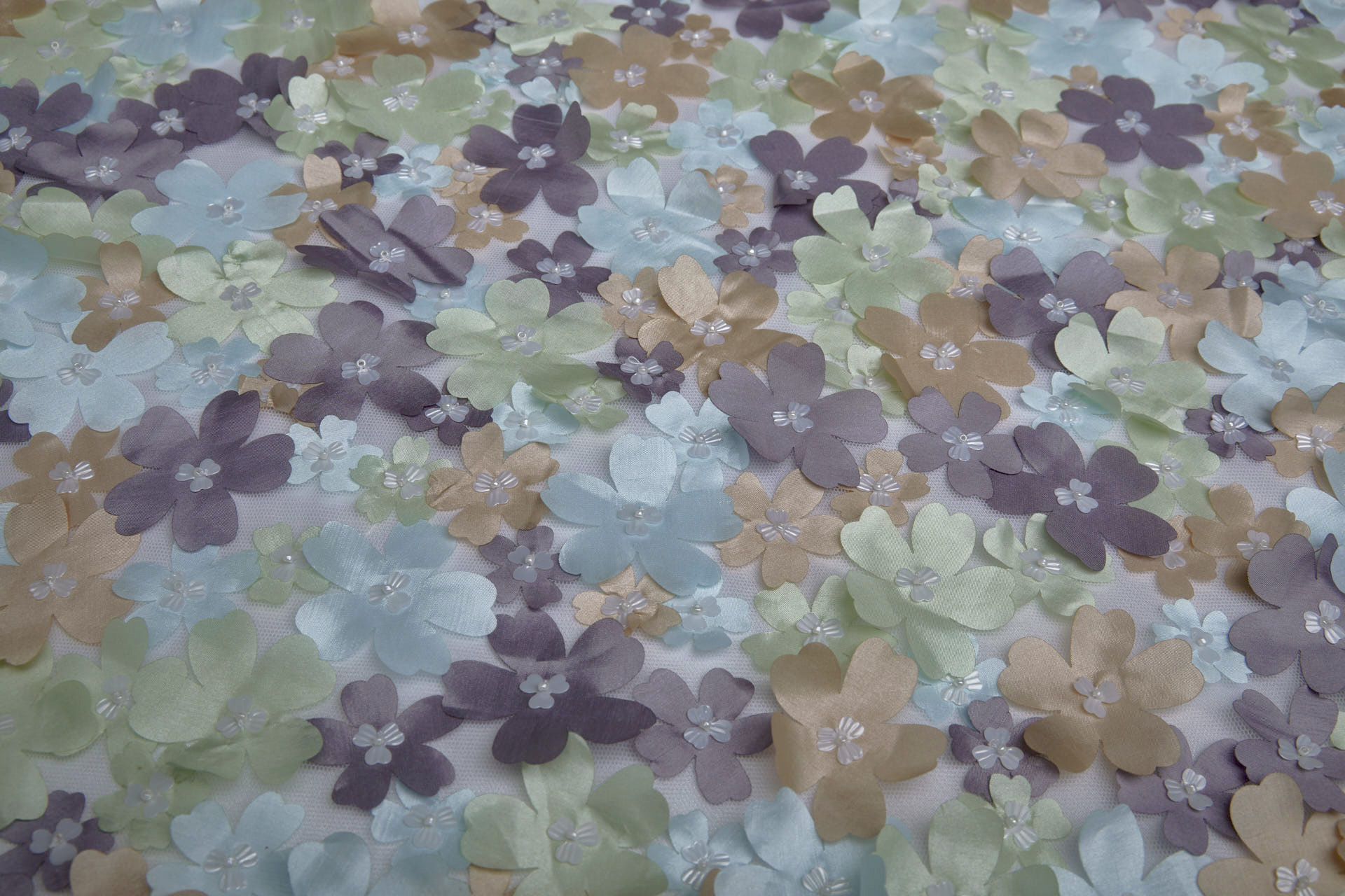 3D Cut Out Pastel Pink Green and Mauve Flowers on Tulle fabric, image 6 of 8