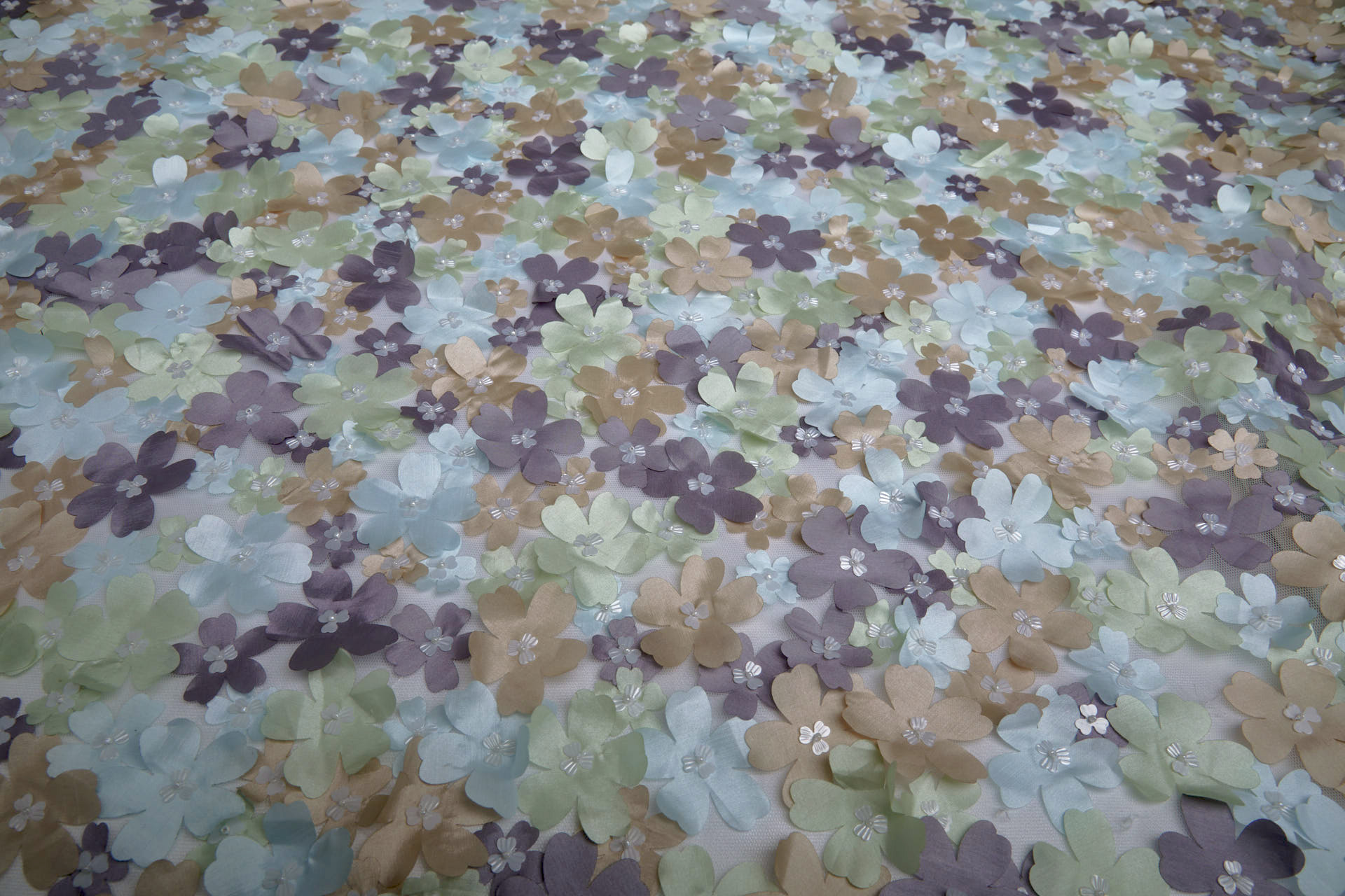 3D Cut Out Pastel Pink Green and Mauve Flowers on Tulle fabric, image 7 of 8