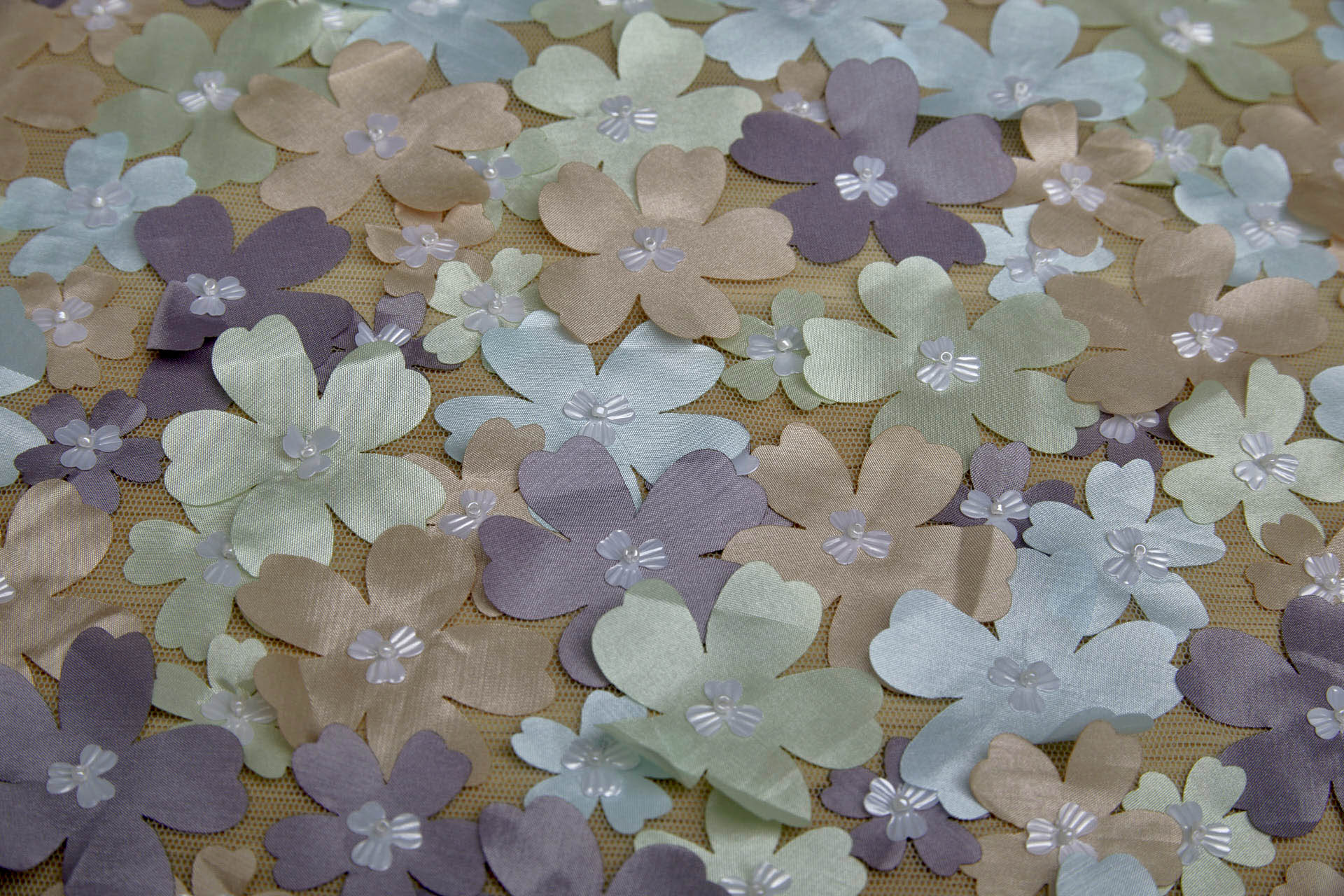 3D Cut Out Pastel Pink Green and Mauve Flowers on Tulle fabric, image 8 of 8