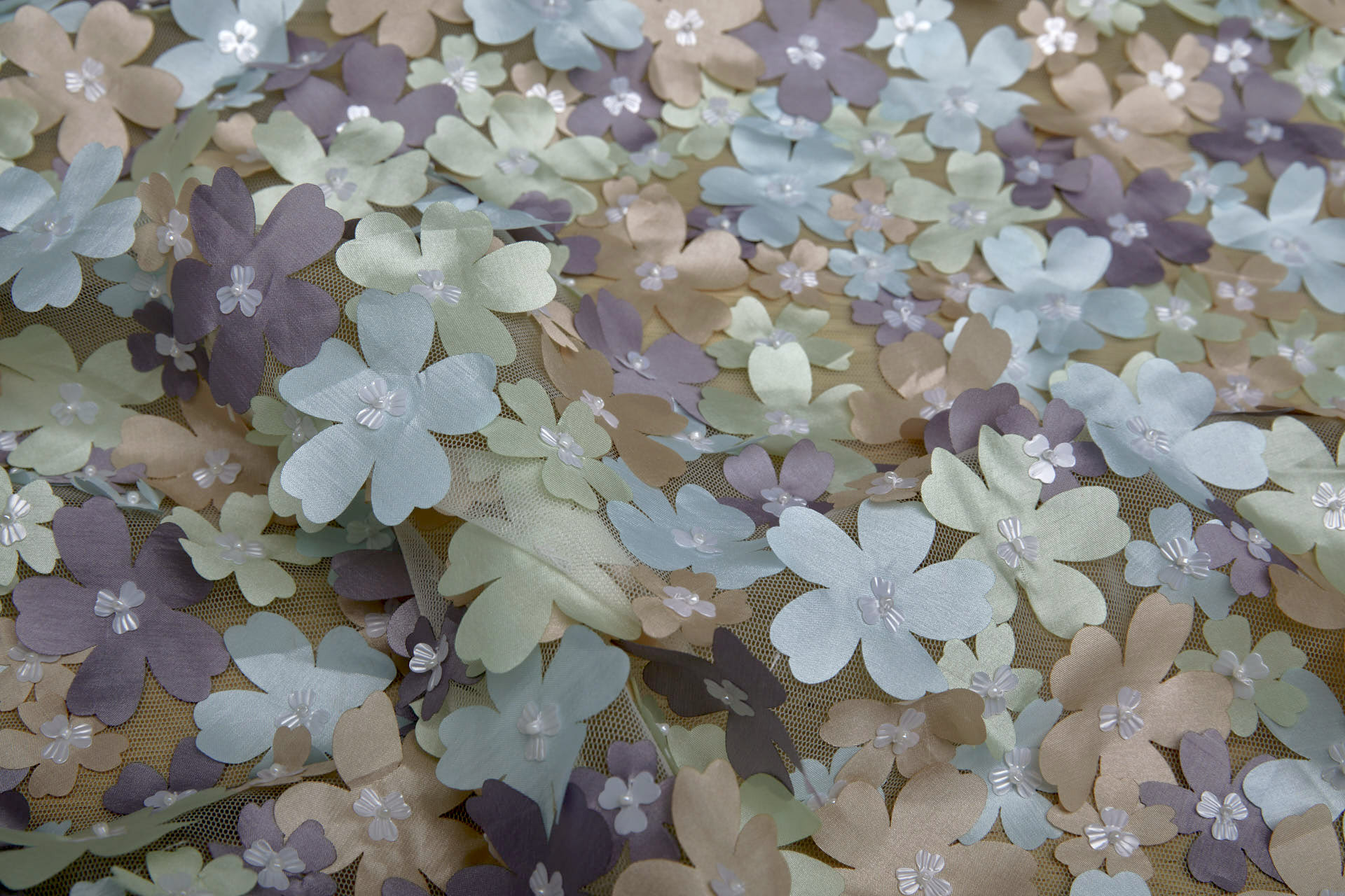 3D Cut Out Pastel Pink Green and Mauve Flowers on Tulle fabric