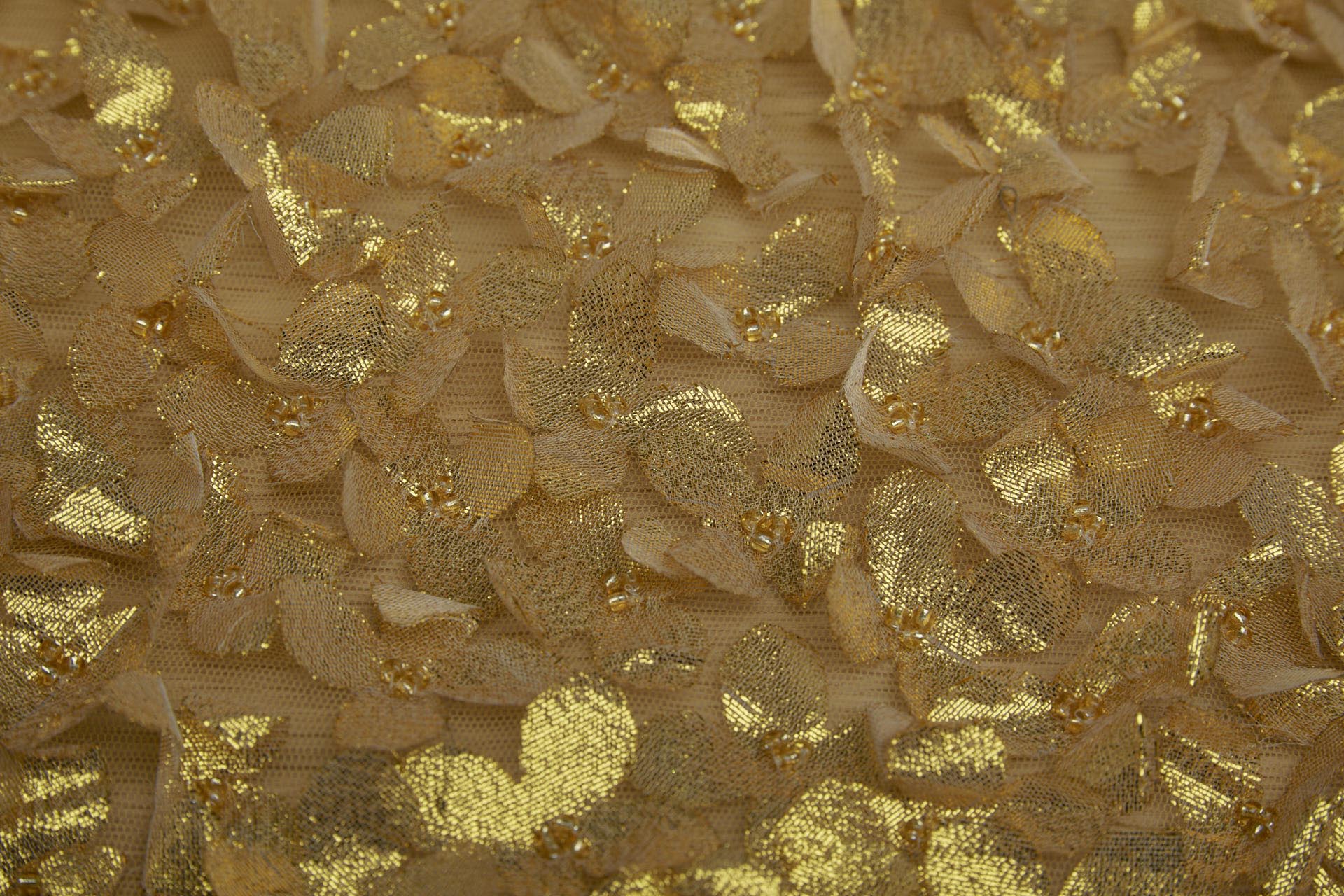 3D Cut Out Yellow Gold Lame Flowers with Glass Beads on Tulle fabric, image 2 of 7