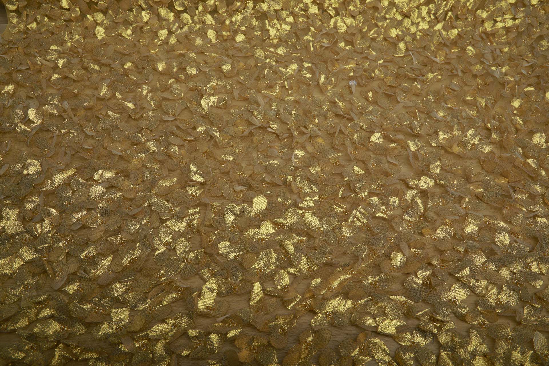 3D Cut Out Yellow Gold Lame Flowers with Glass Beads on Tulle fabric, image 3 of 7