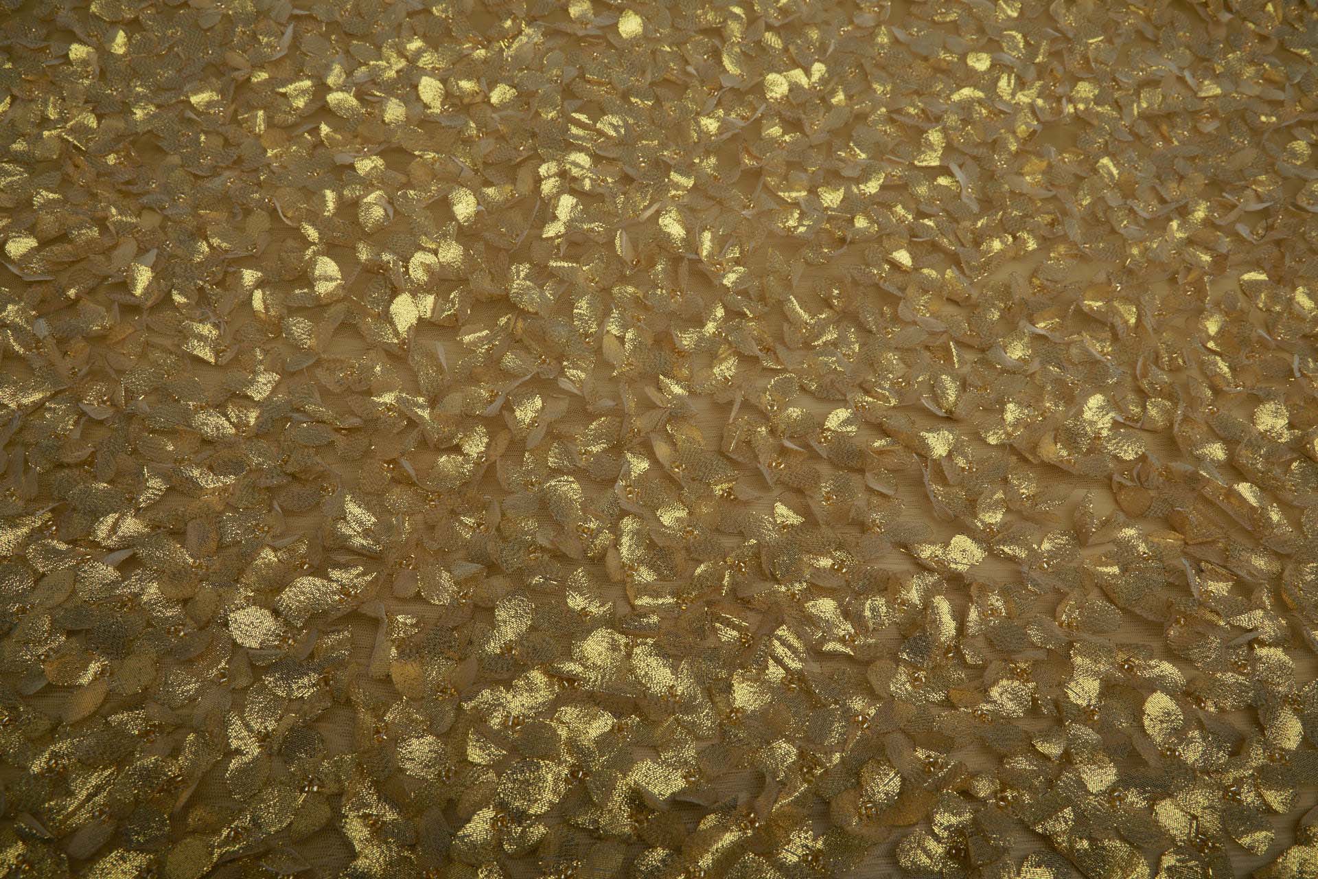 3D Cut Out Yellow Gold Lame Flowers with Glass Beads on Tulle fabric, image 4 of 7