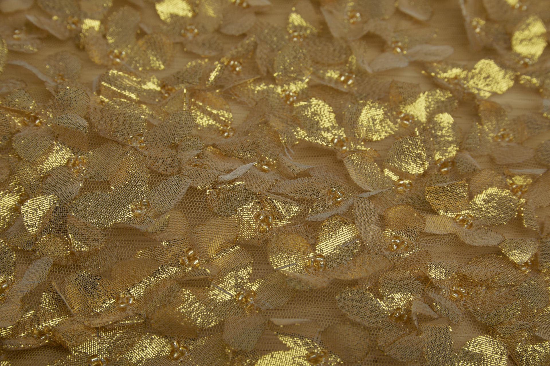 3D Cut Out Yellow Gold Lame Flowers with Glass Beads on Tulle fabric