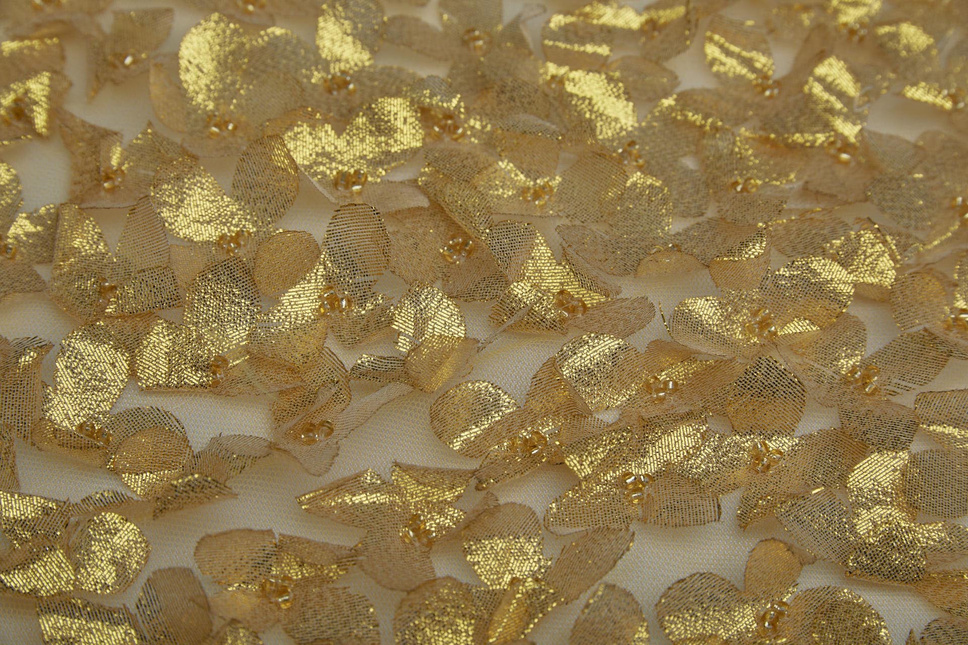3D Cut Out Yellow Gold Lame Flowers with Glass Beads on Tulle fabric, image 5 of 7