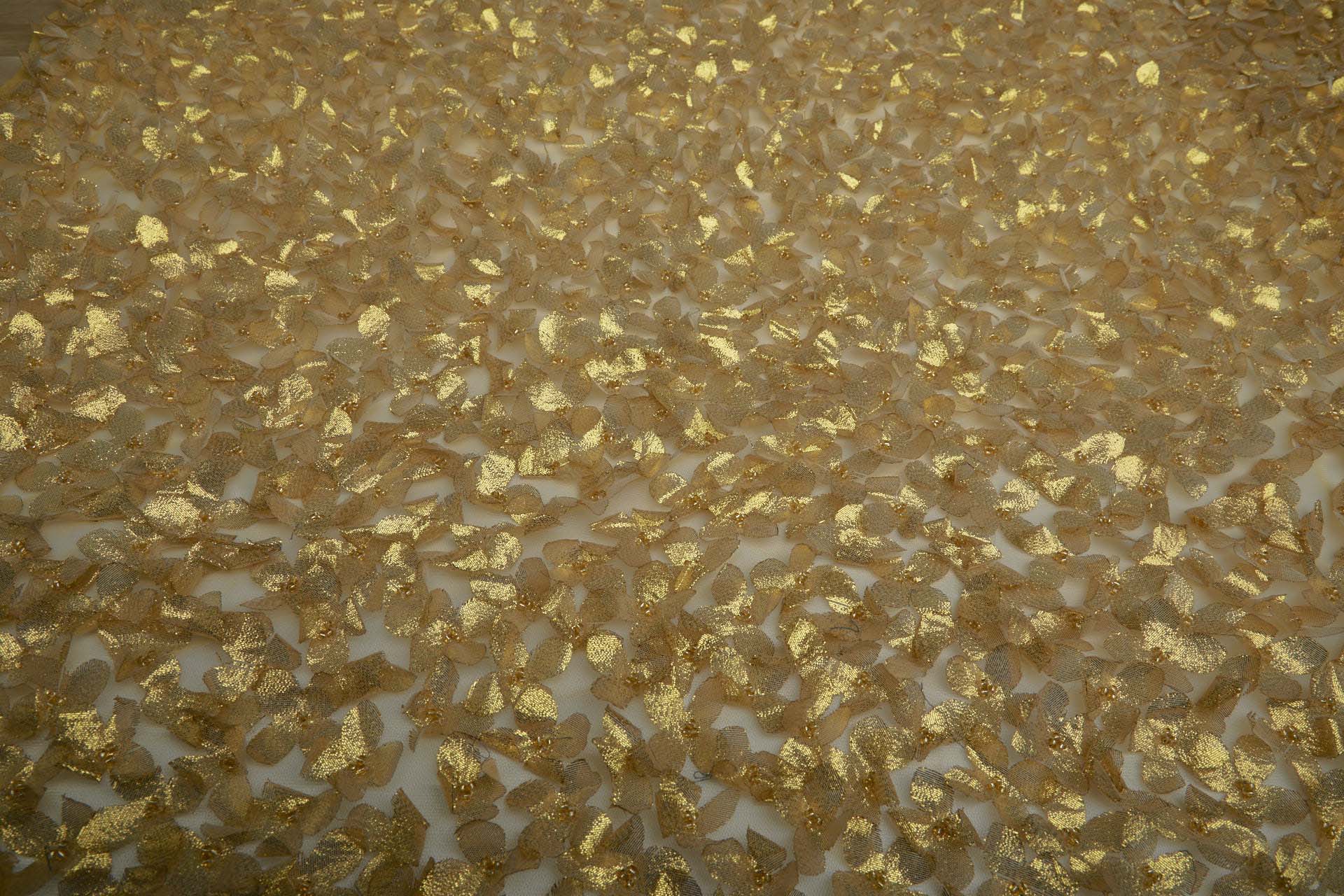 3D Cut Out Yellow Gold Lame Flowers with Glass Beads on Tulle fabric, image 6 of 7