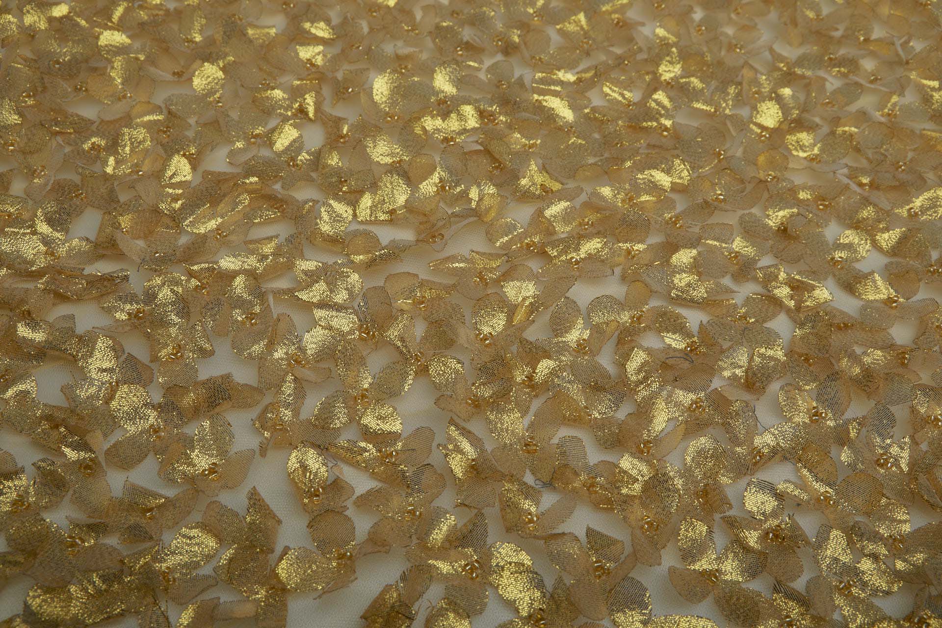 3D Cut Out Yellow Gold Lame Flowers with Glass Beads on Tulle fabric, image 7 of 7