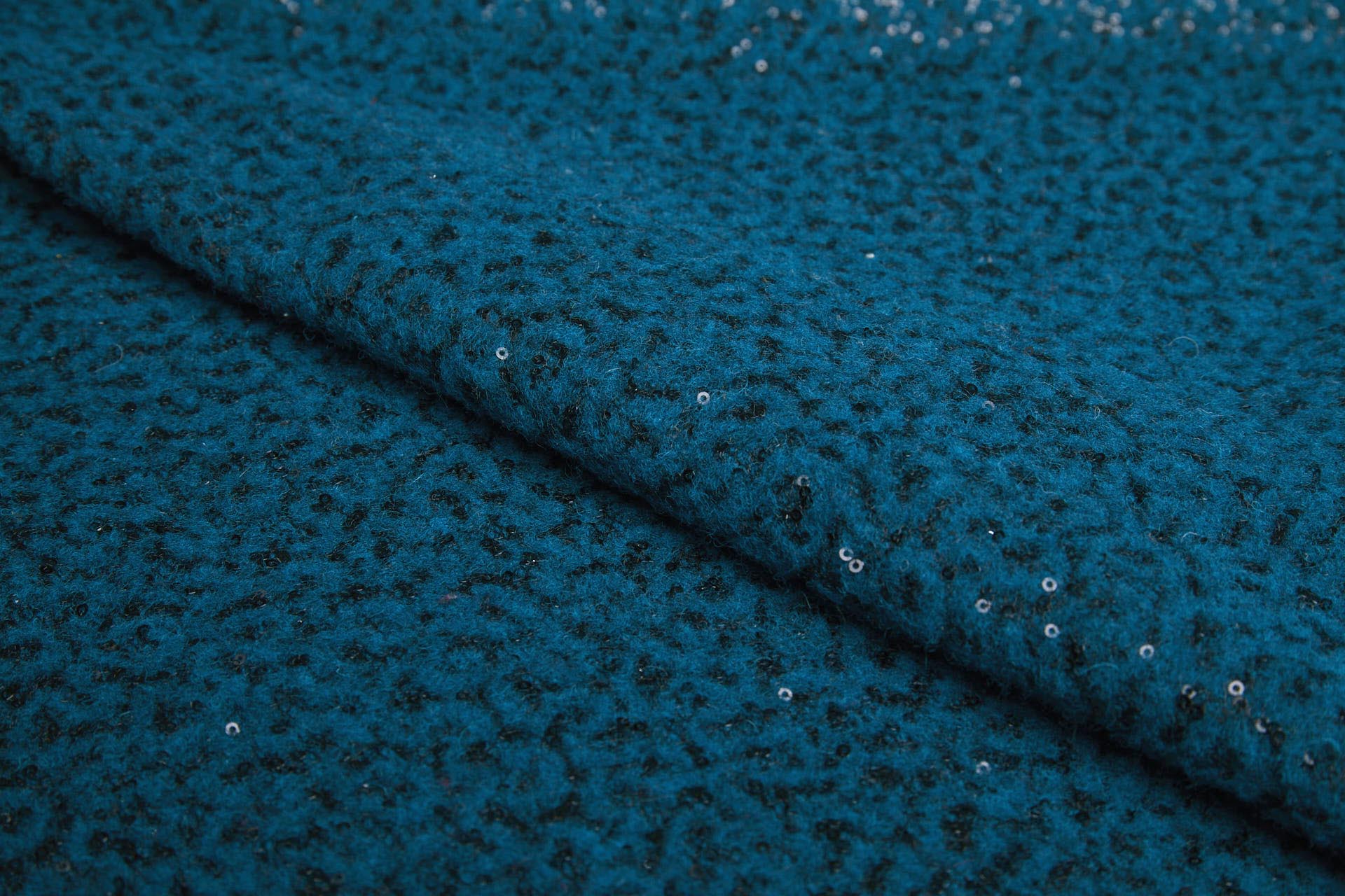 Teal Boiled Felted Wool with Black Sequin Mesh fabric, image 2 of 8
