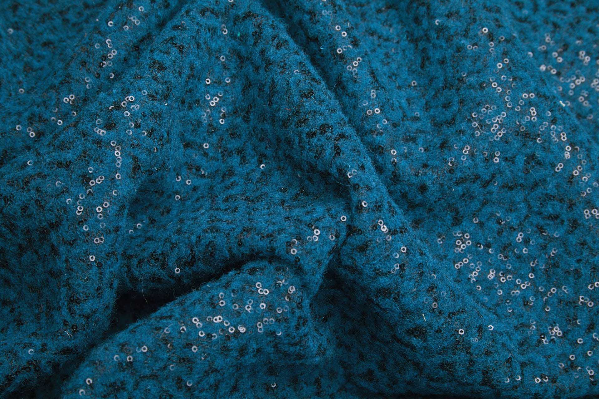 Teal Boiled Felted Wool with Black Sequin Mesh fabric