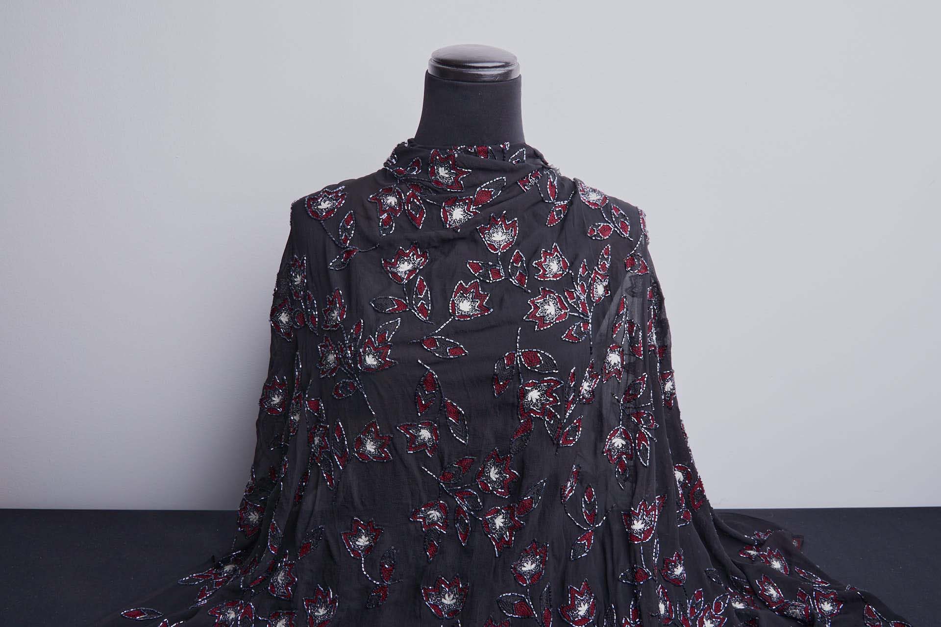 Vintage Black Silk Chiffon w/Beaded and Embroidered Flowers in Red, Ivory and Gunmetal fabric, image 3 of 10