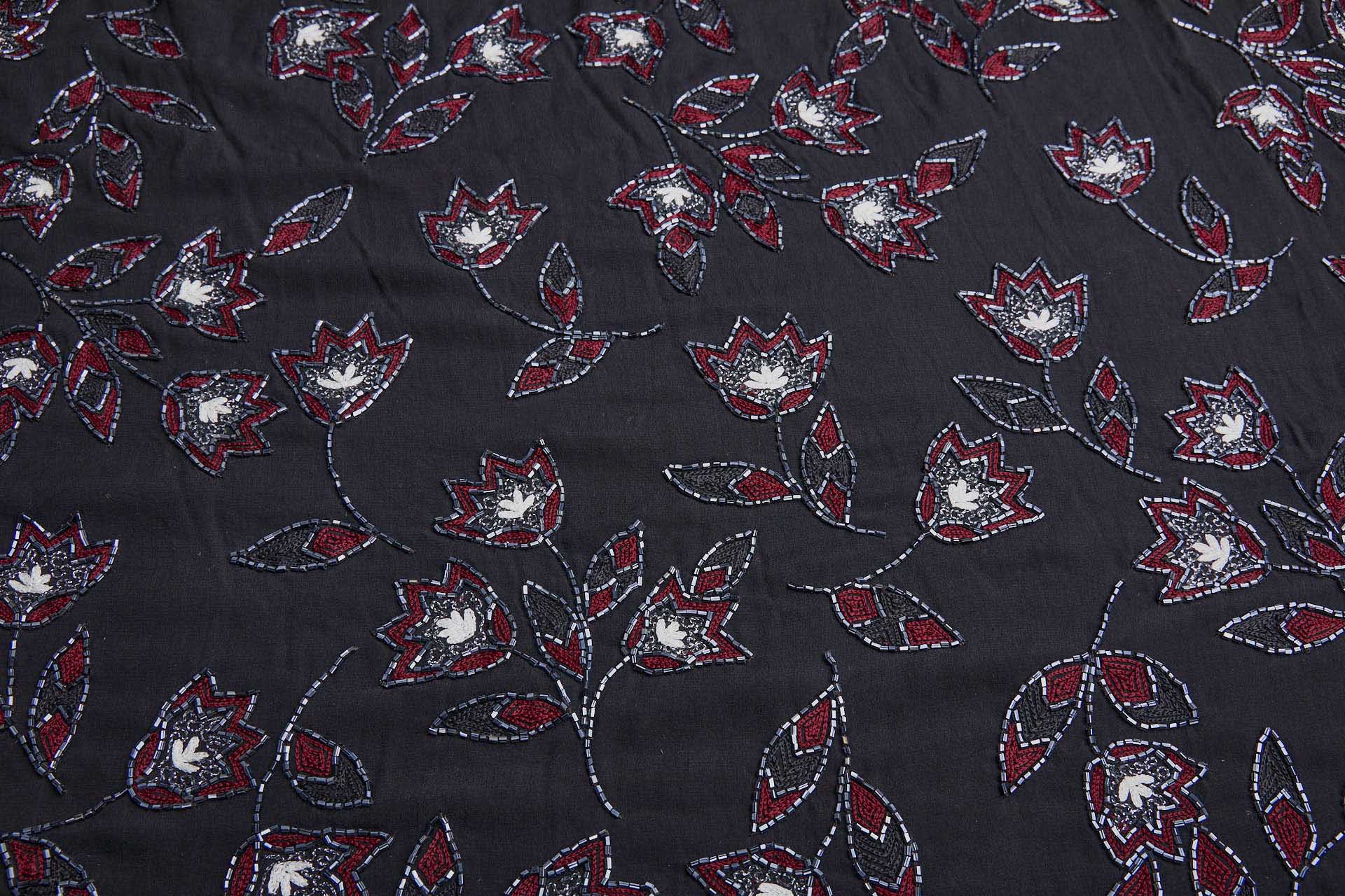 Vintage Black Silk Chiffon w/Beaded and Embroidered Flowers in Red, Ivory and Gunmetal fabric, image 4 of 10