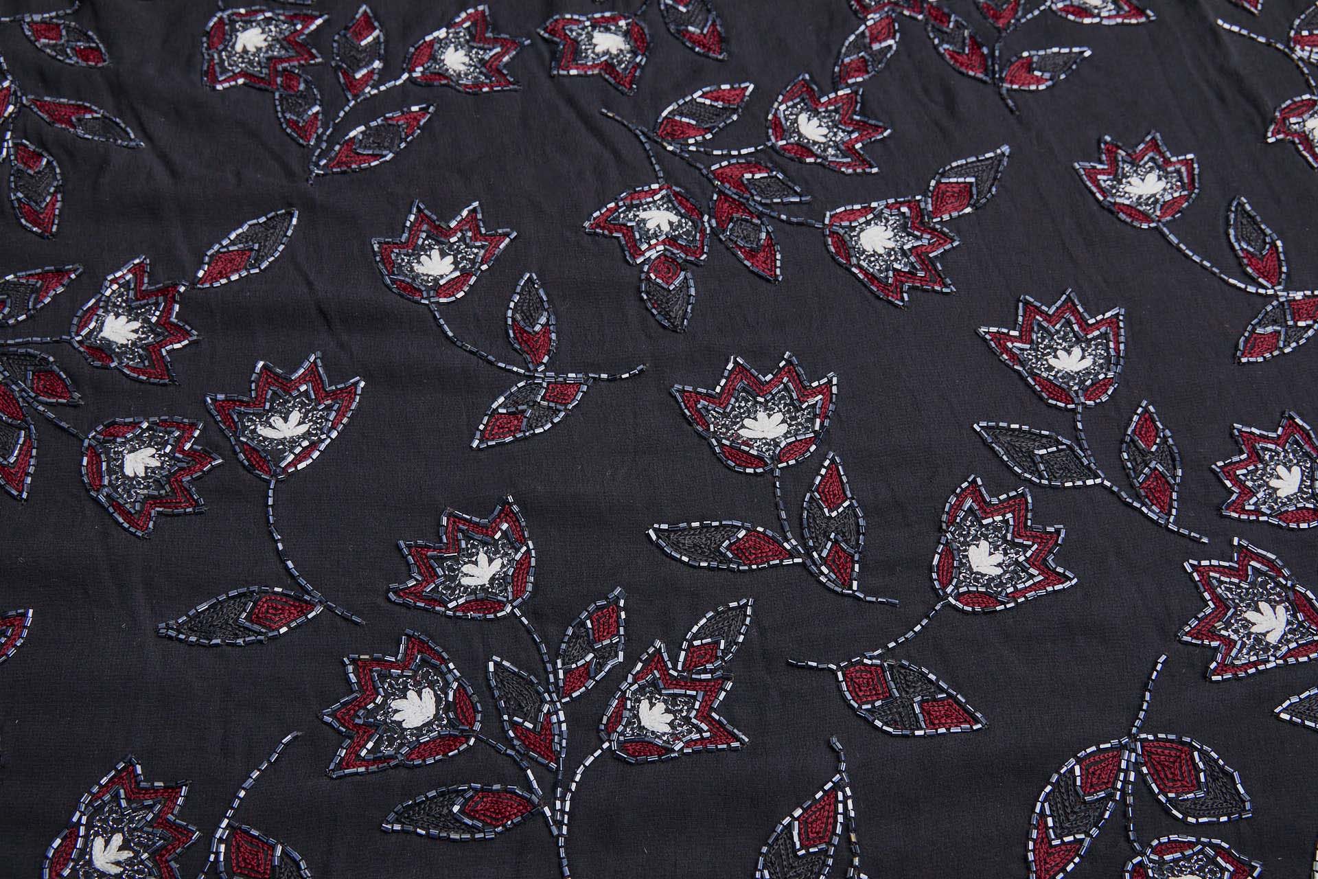 Vintage Black Silk Chiffon w/Beaded and Embroidered Flowers in Red, Ivory and Gunmetal fabric, image 6 of 10