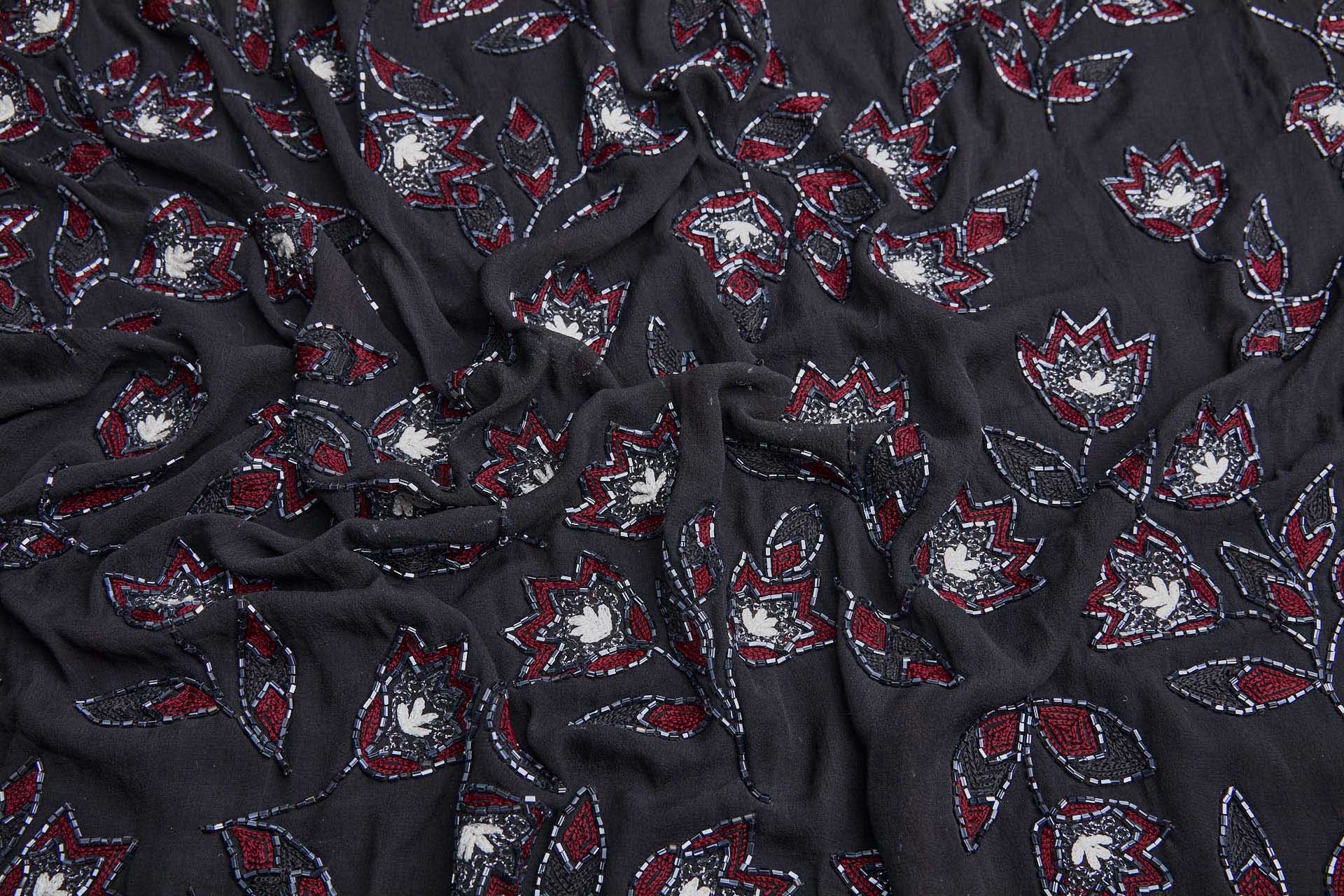 Vintage Black Silk Chiffon w/Beaded and Embroidered Flowers in Red, Ivory and Gunmetal fabric, image 7 of 10