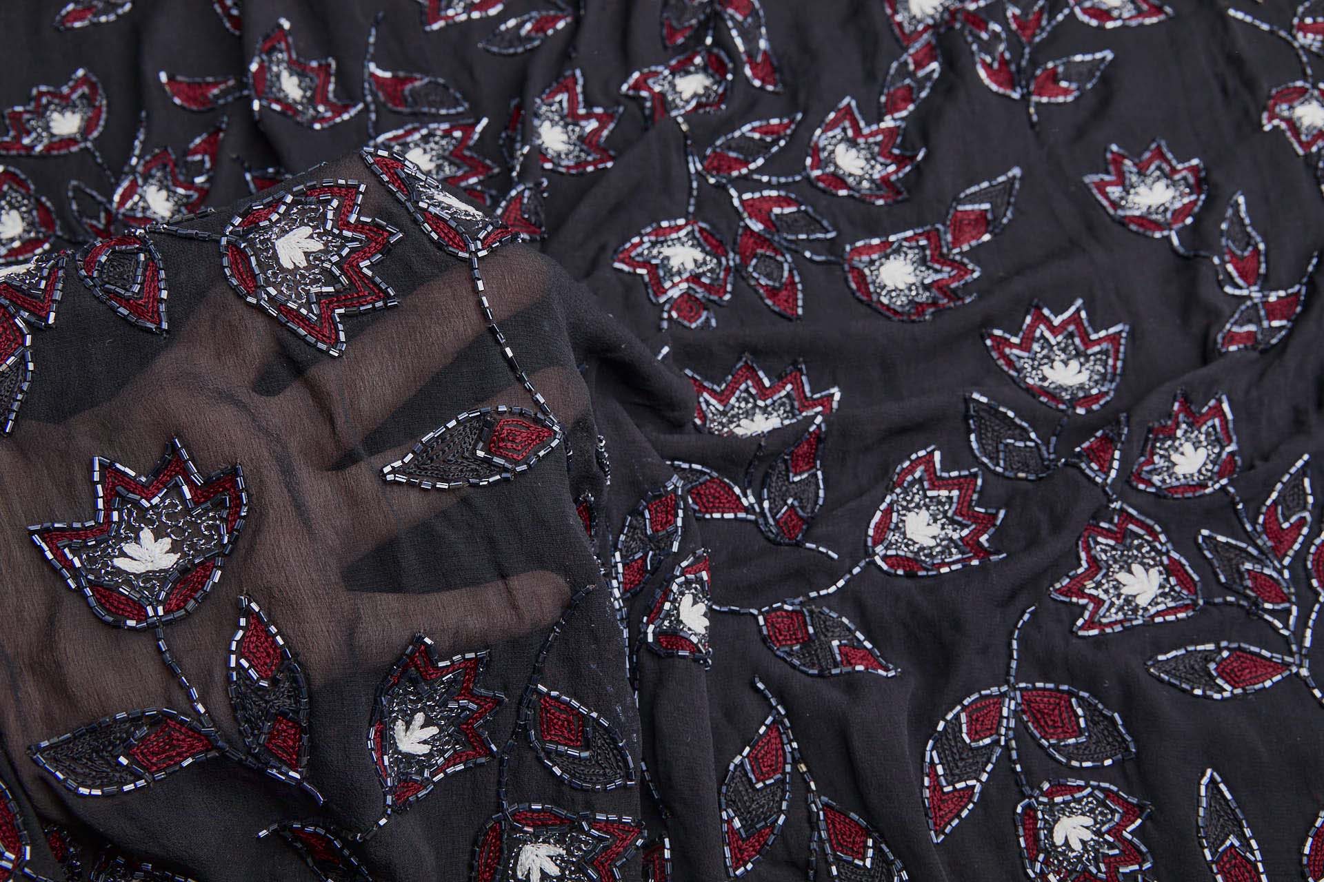 Vintage Black Silk Chiffon w/Beaded and Embroidered Flowers in Red, Ivory and Gunmetal fabric