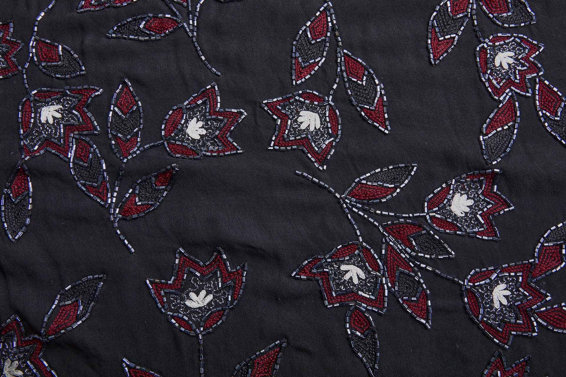 Vintage Black Silk Chiffon w/Beaded and Embroidered Flowers in Red, Ivory and Gunmetal fabric, image 8 of 10