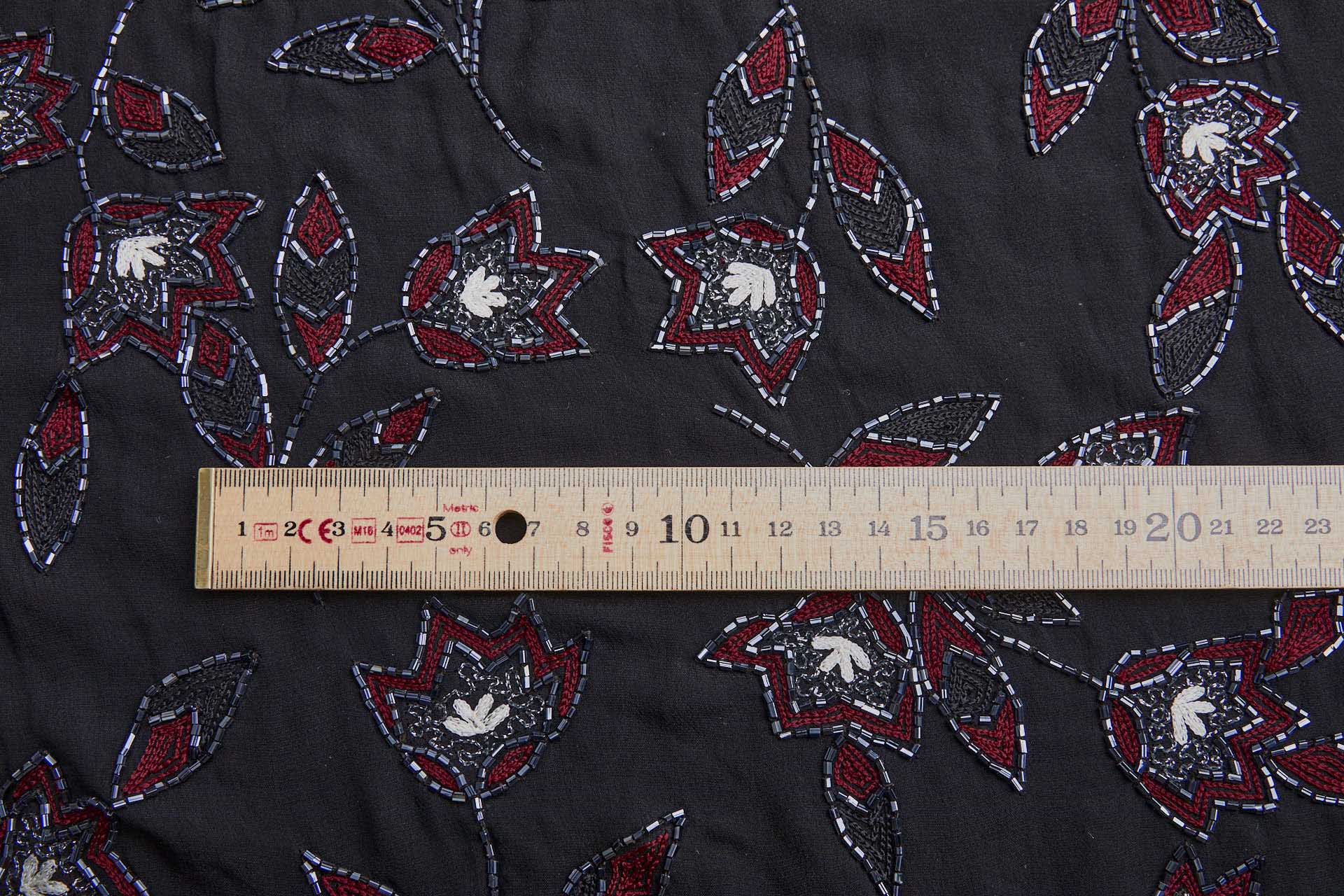 Vintage Black Silk Chiffon w/Beaded and Embroidered Flowers in Red, Ivory and Gunmetal fabric, image 5 of 10