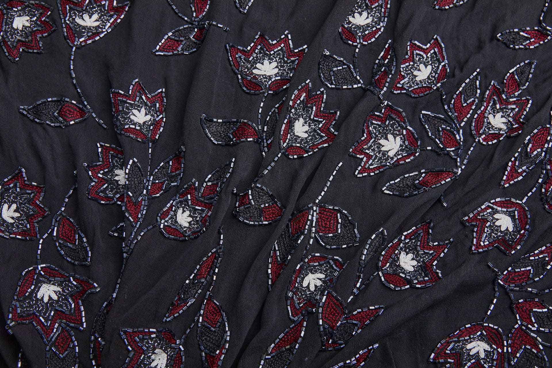Vintage Black Silk Chiffon w/Beaded and Embroidered Flowers in Red, Ivory and Gunmetal fabric, image 9 of 10