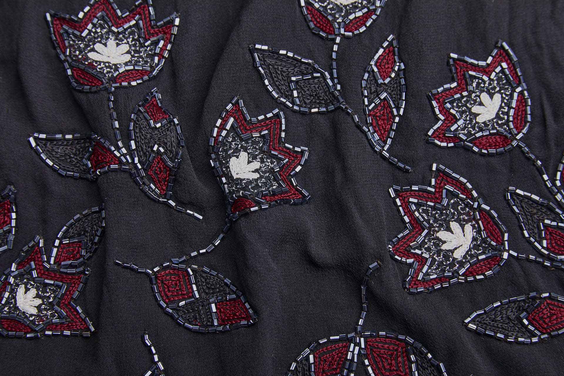 Vintage Black Silk Chiffon w/Beaded and Embroidered Flowers in Red, Ivory and Gunmetal fabric, image 10 of 10