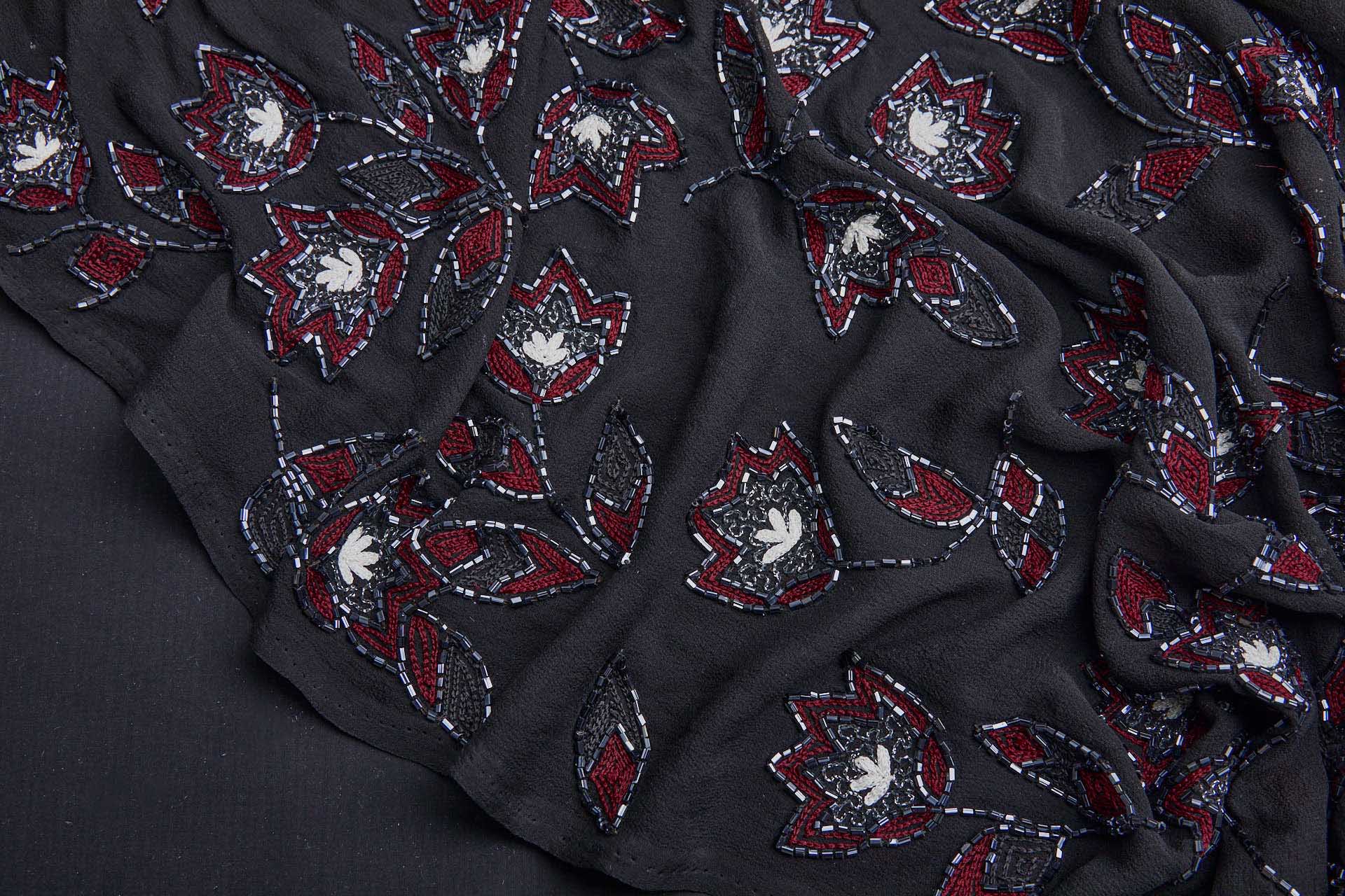 Vintage Black Silk Chiffon w/Beaded and Embroidered Flowers in Red, Ivory and Gunmetal fabric, image 2 of 10