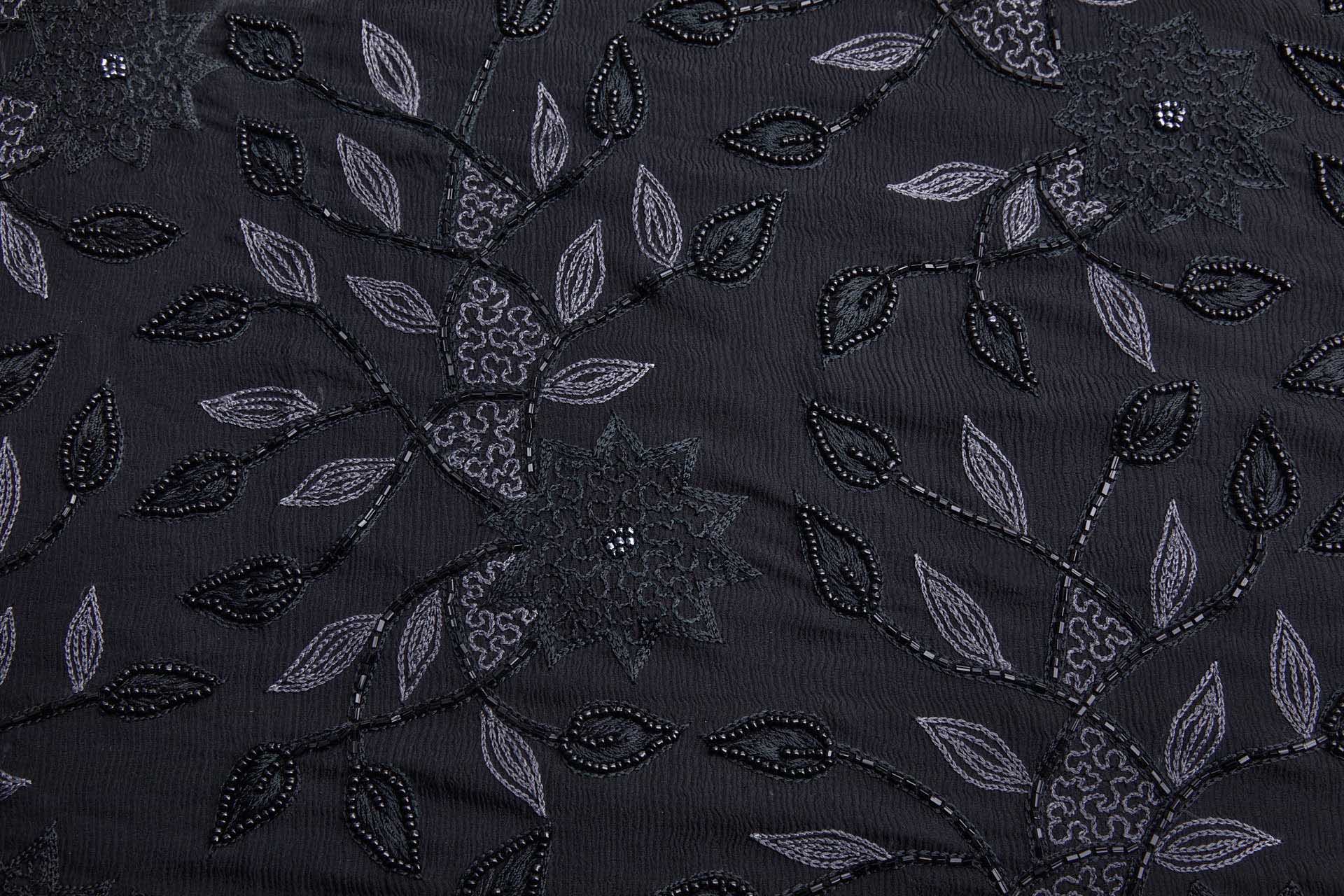 Vintage Black Silk Chiffon w/Grey Chain Stitch and Black Beading Floral Vines fabric, image 6 of 10