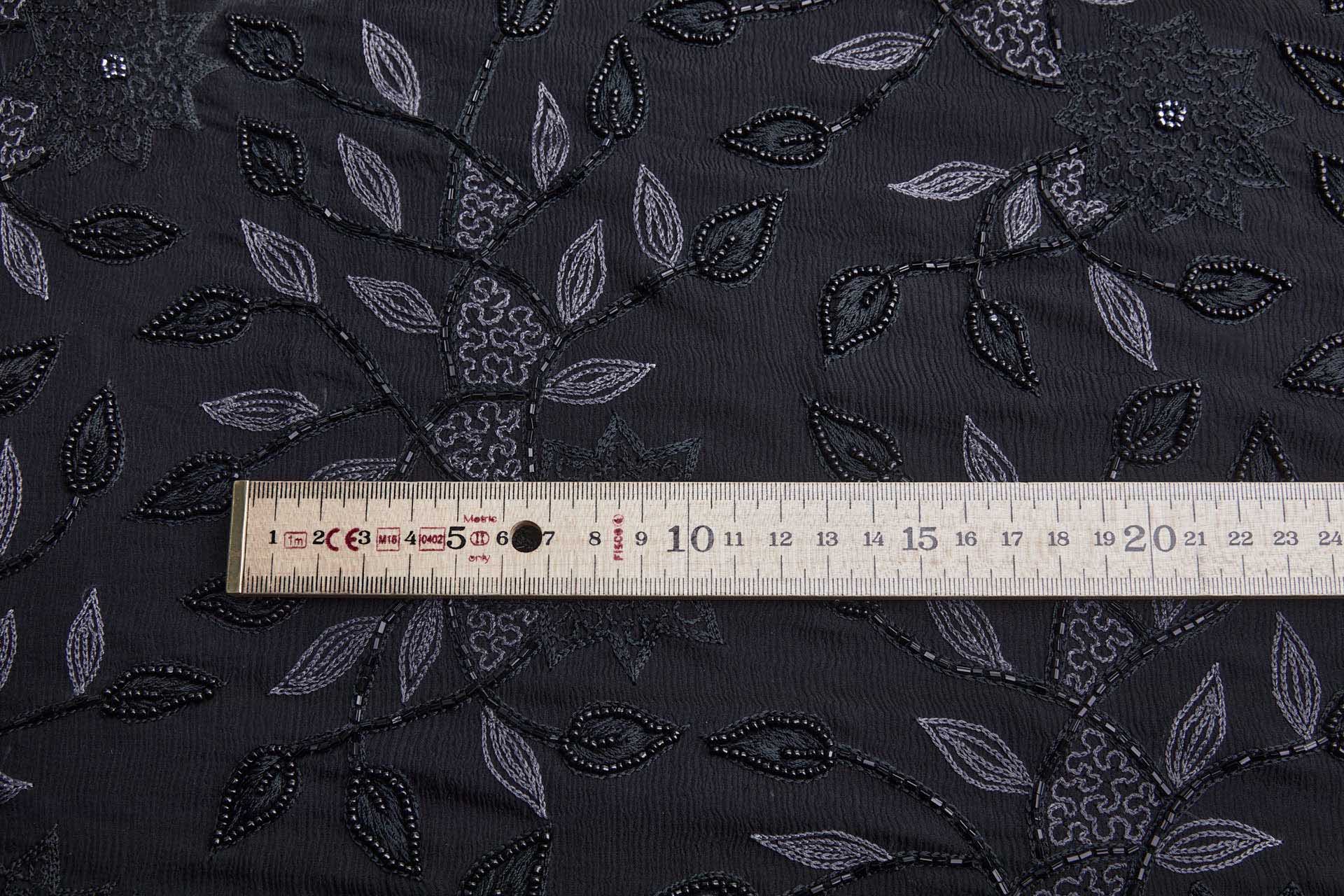 Vintage Black Silk Chiffon w/Grey Chain Stitch and Black Beading Floral Vines fabric, image 5 of 10