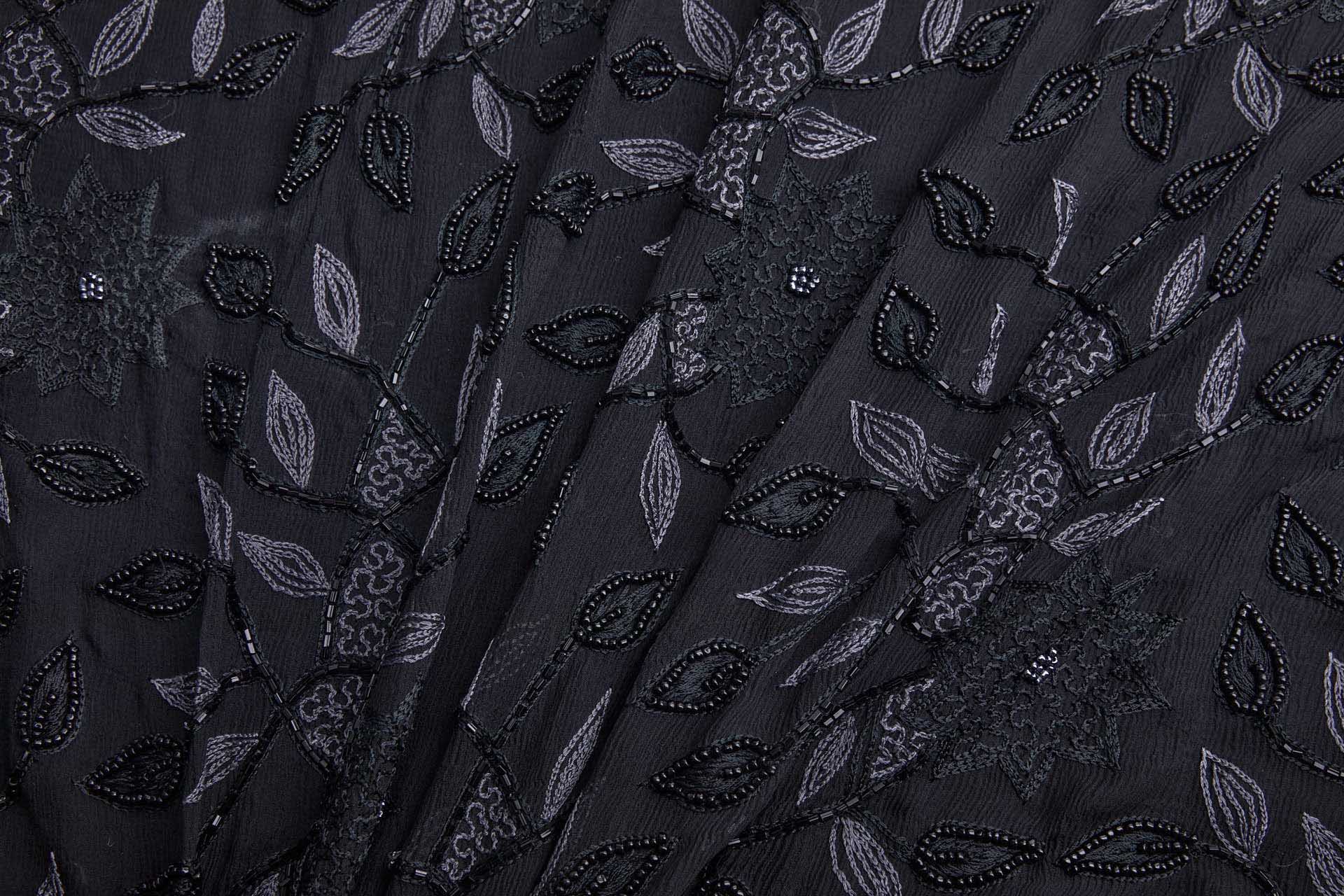 Vintage Black Silk Chiffon w/Grey Chain Stitch and Black Beading Floral Vines fabric, image 7 of 10