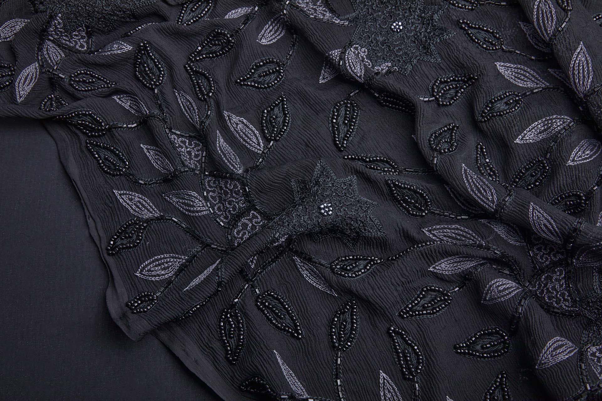 Vintage Black Silk Chiffon w/Grey Chain Stitch and Black Beading Floral Vines fabric, image 3 of 10