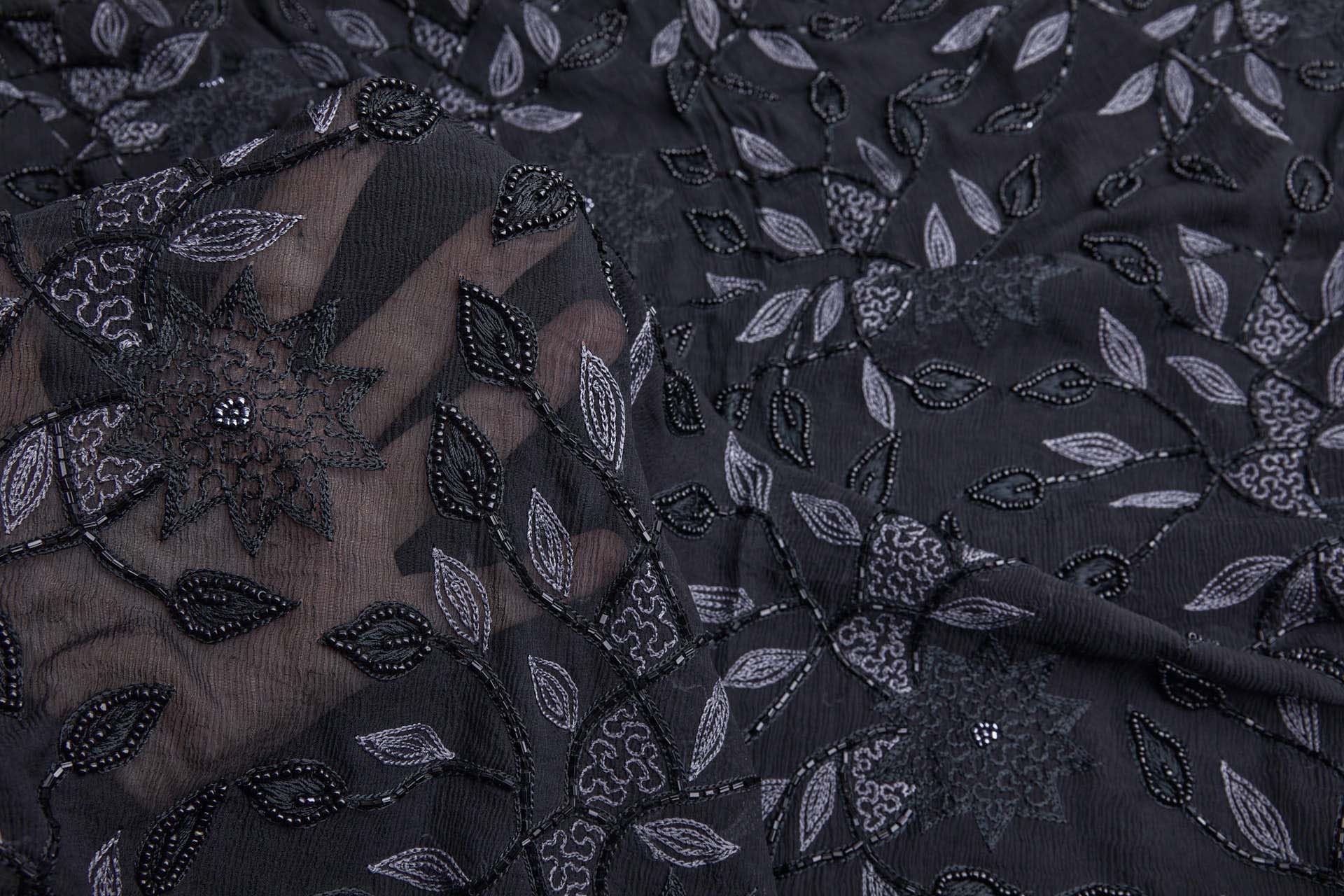 Vintage Black Silk Chiffon w/Grey Chain Stitch and Black Beading Floral Vines fabric