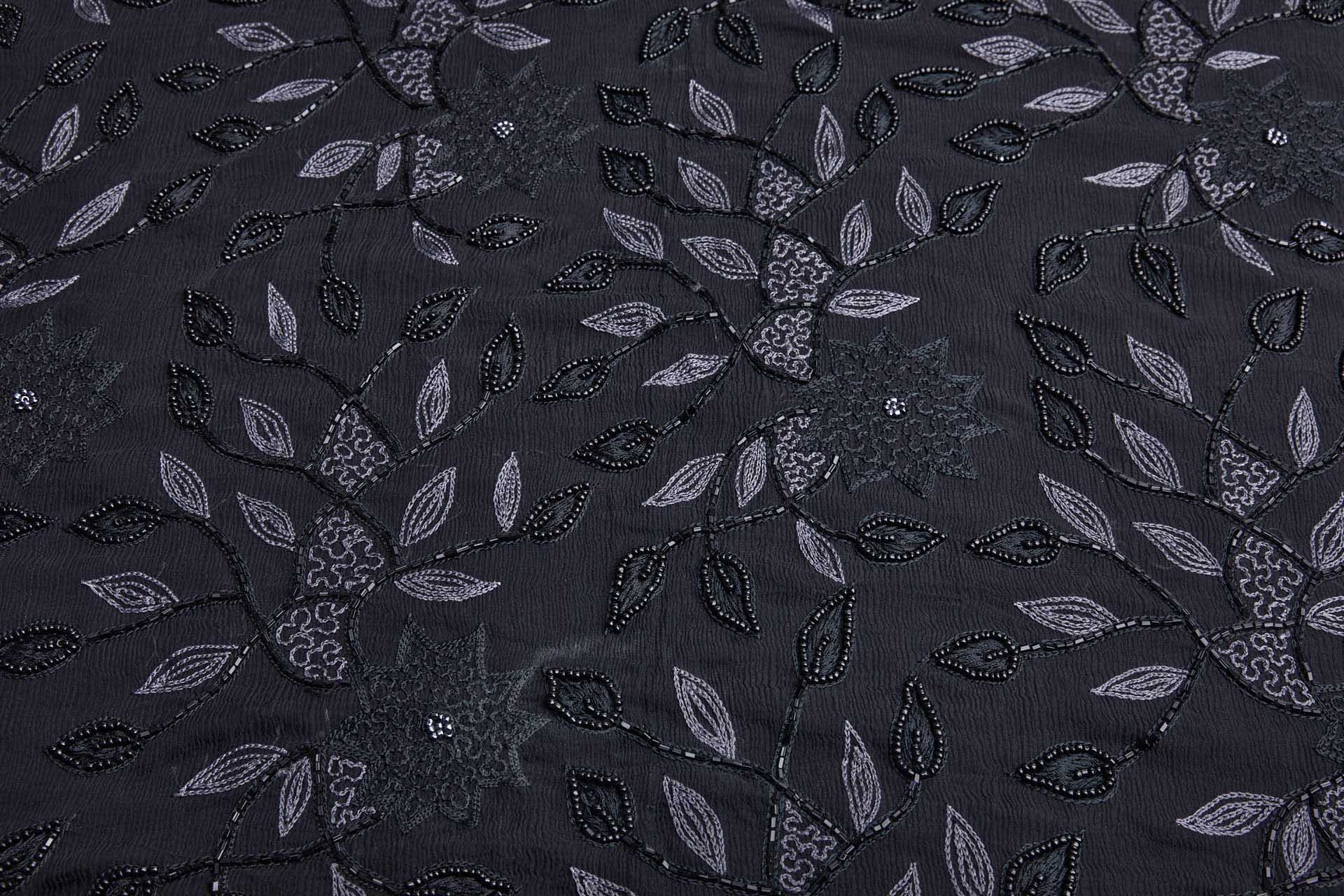 Vintage Black Silk Chiffon w/Grey Chain Stitch and Black Beading Floral Vines fabric, image 8 of 10