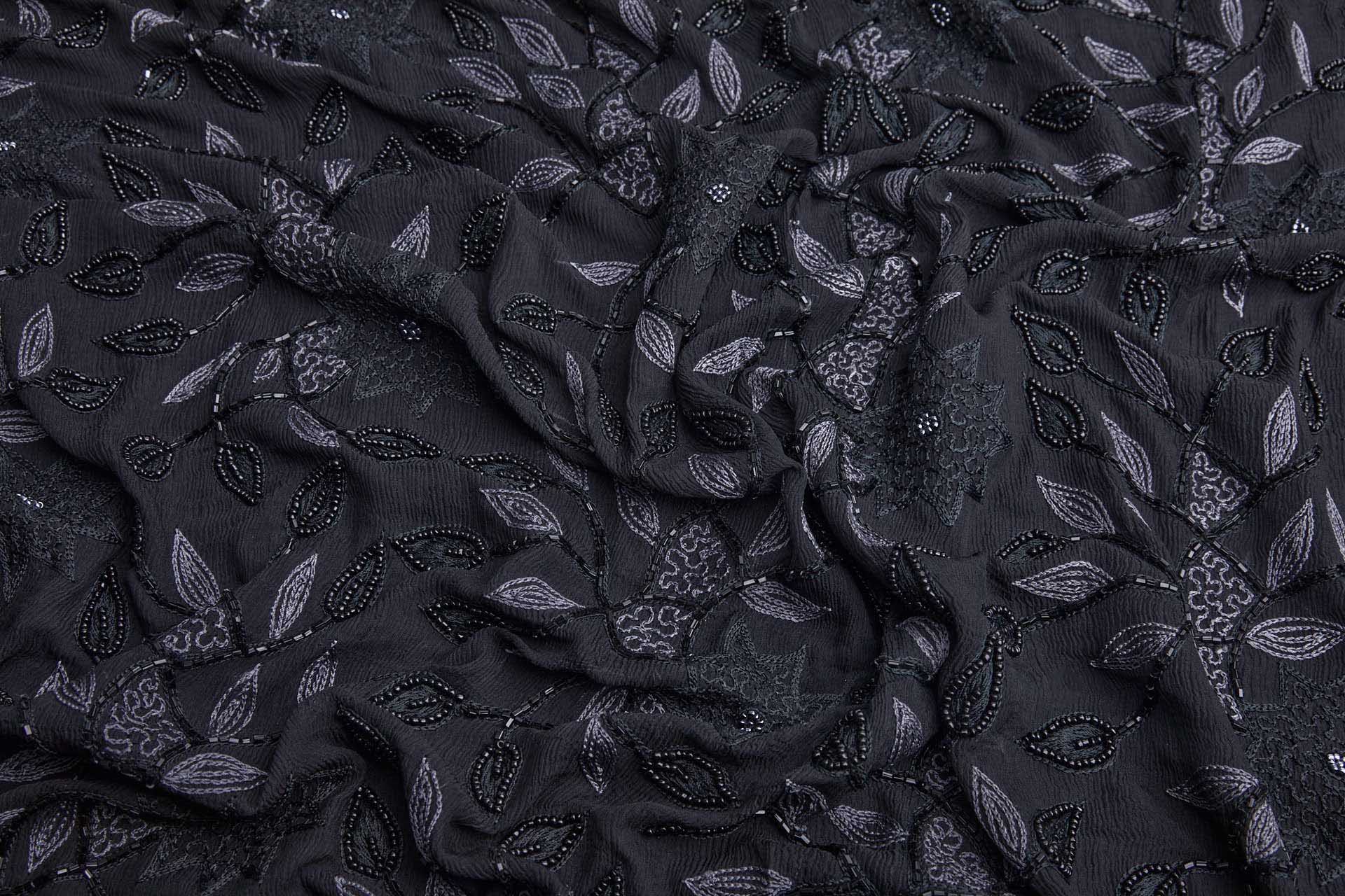 Vintage Black Silk Chiffon w/Grey Chain Stitch and Black Beading Floral Vines fabric, image 9 of 10