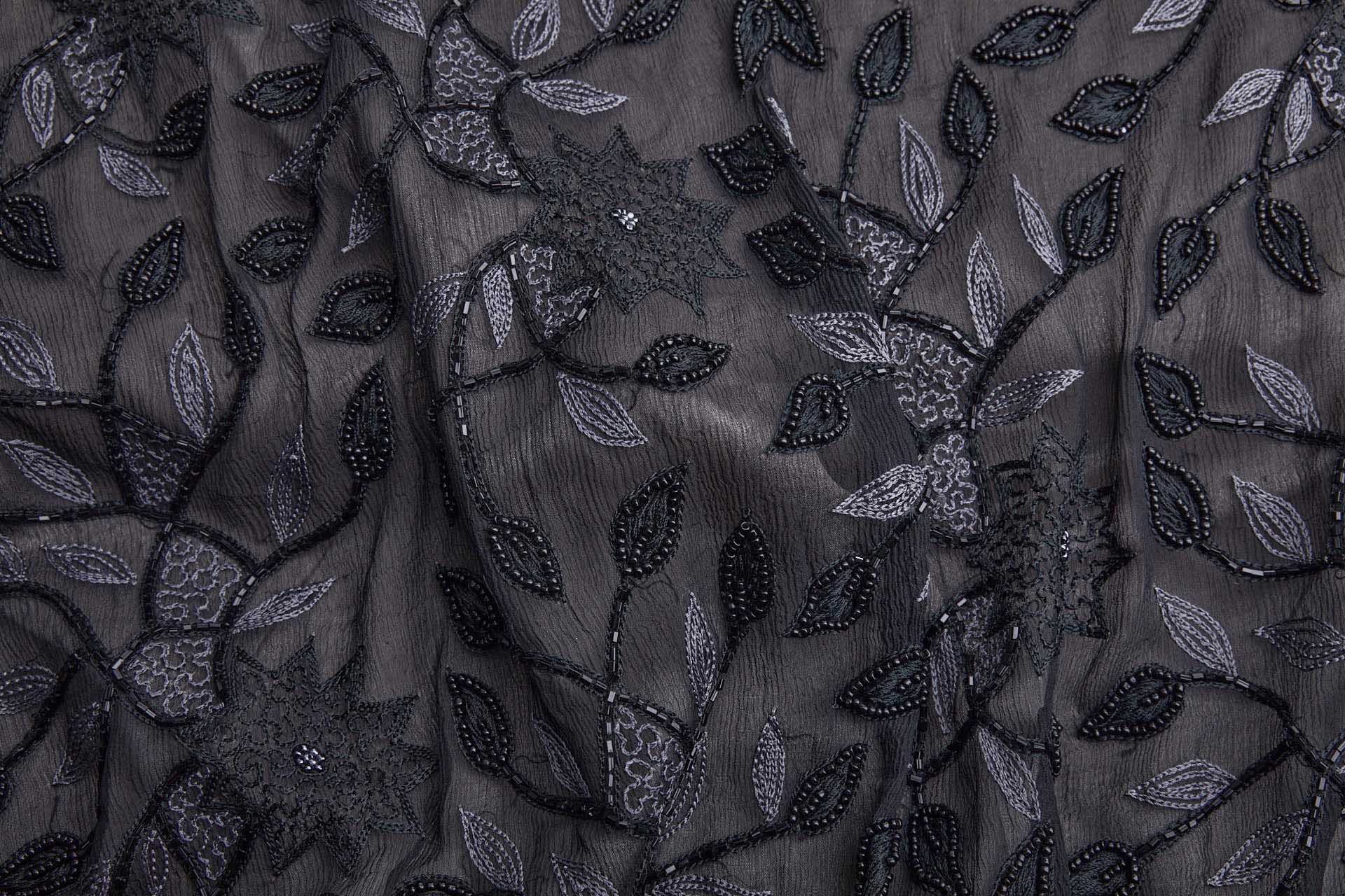 Vintage Black Silk Chiffon w/Grey Chain Stitch and Black Beading Floral Vines fabric, image 4 of 10