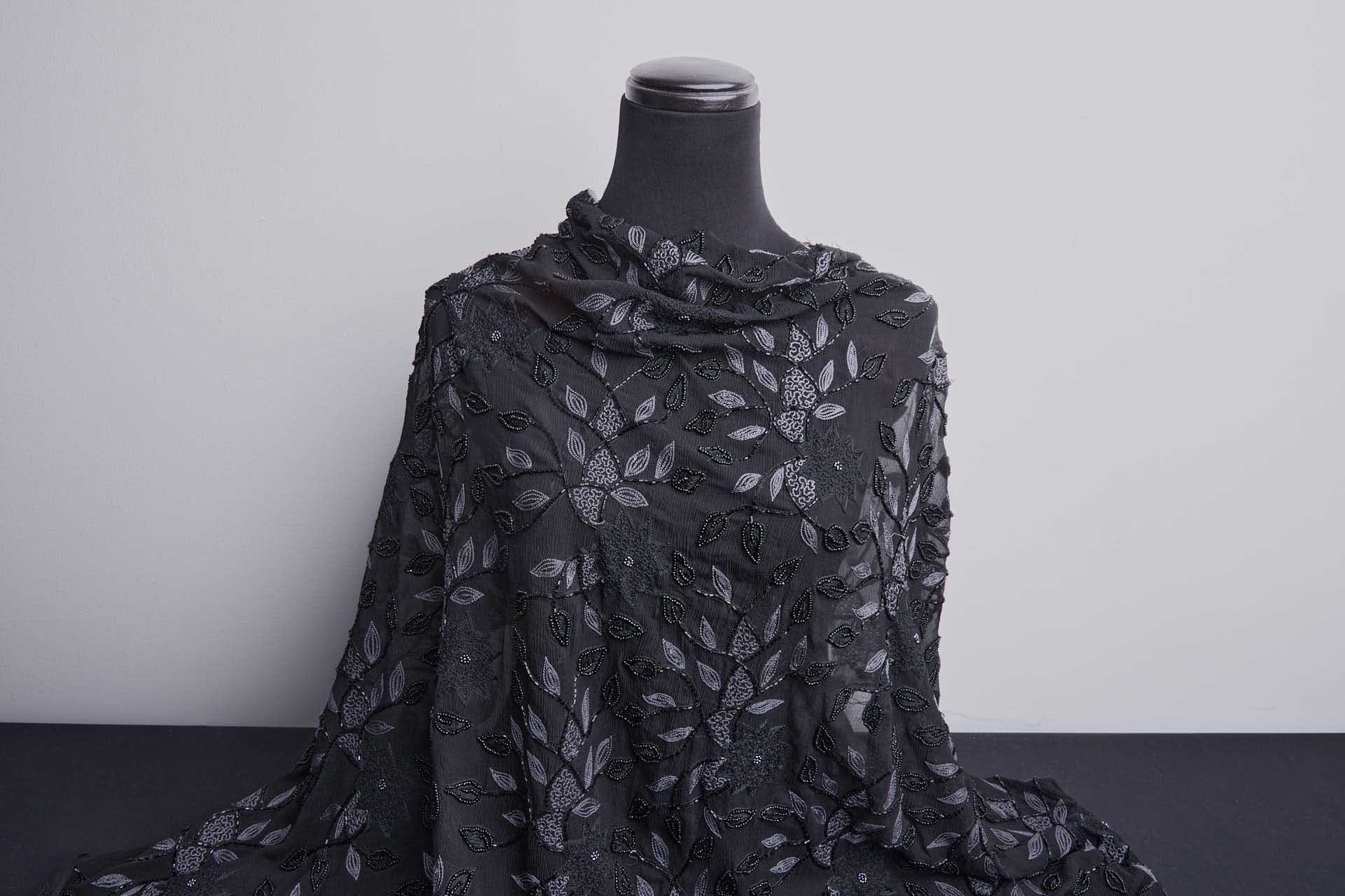 Vintage Black Silk Chiffon w/Grey Chain Stitch and Black Beading Floral Vines fabric, image 2 of 10