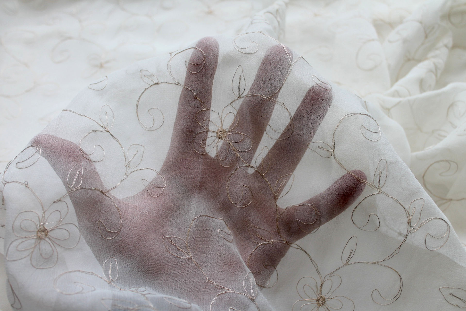 Metallic Floral and Swirl Embroidery on Ivory Silk Chiffon fabric, image 4 of 6