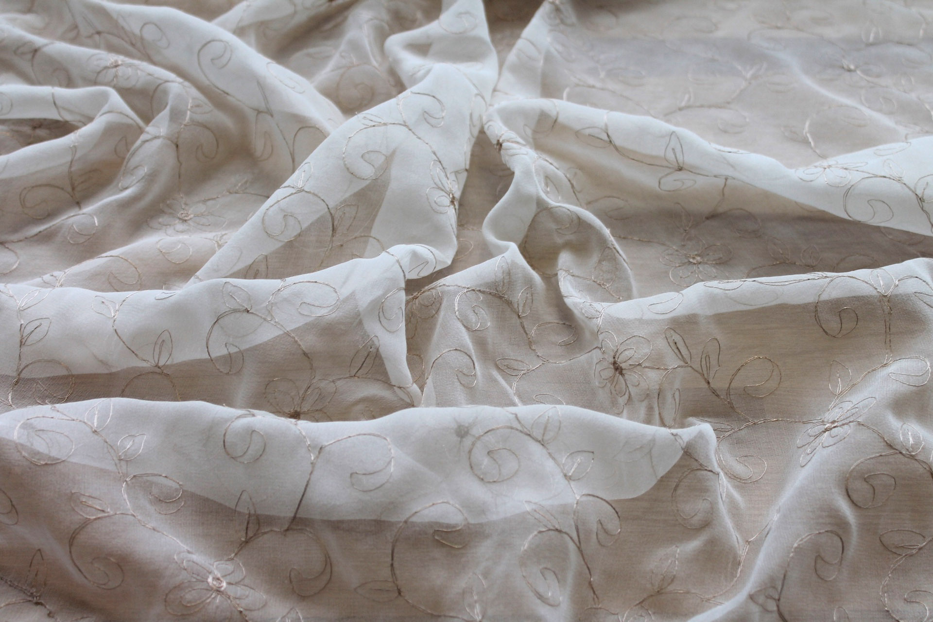 Metallic Floral and Swirl Embroidery on Ivory Silk Chiffon fabric, image 5 of 6